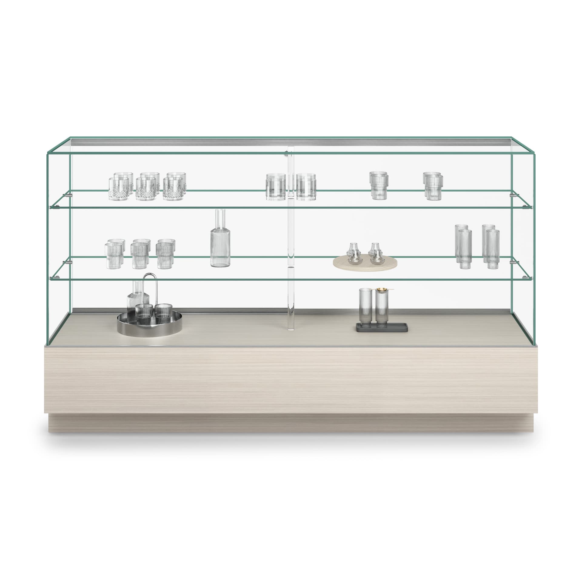 Glass display counter with two fixed shelves