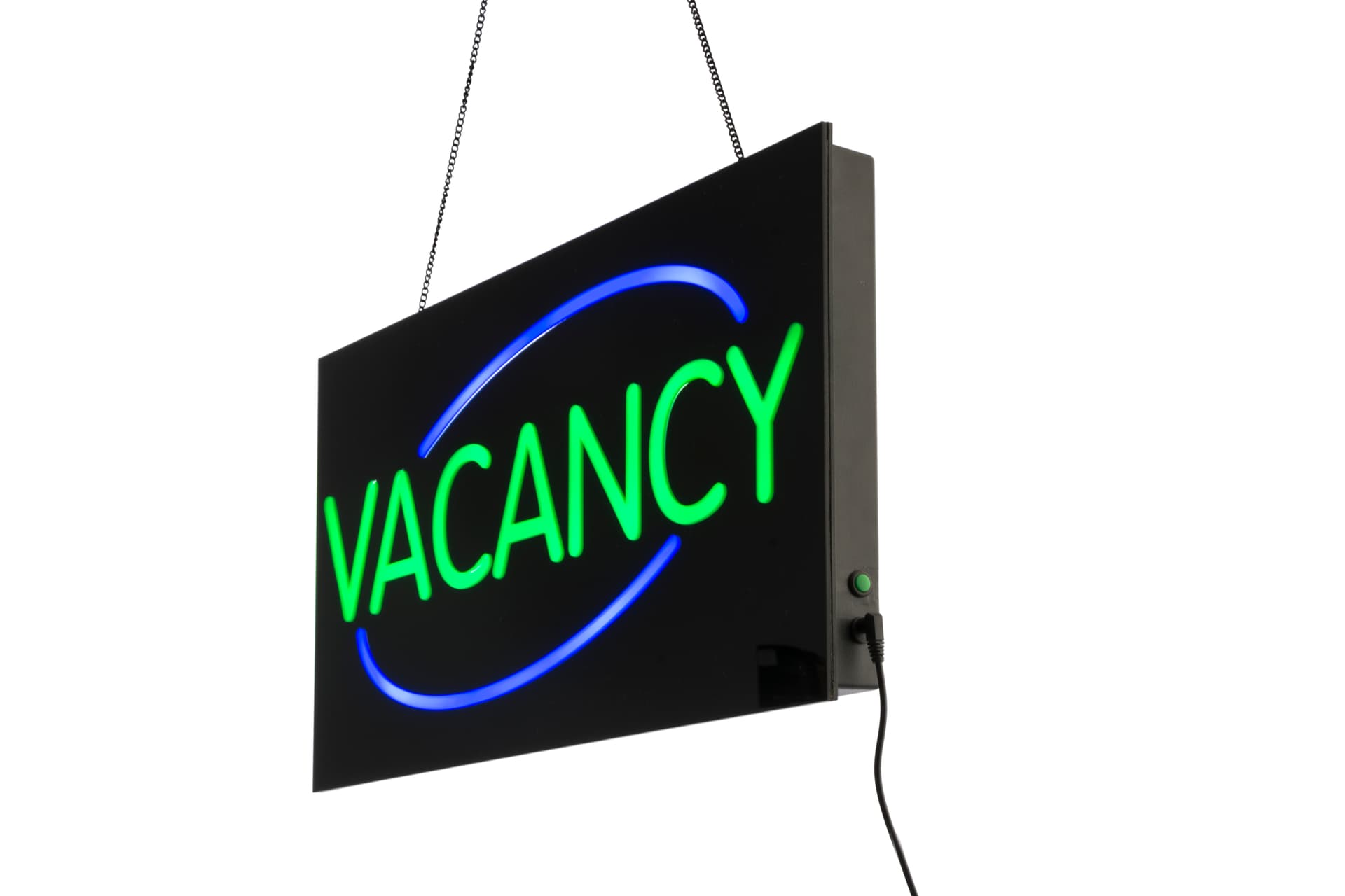 LED “Vacancy” Sign with Neon Green and Blue Lighting