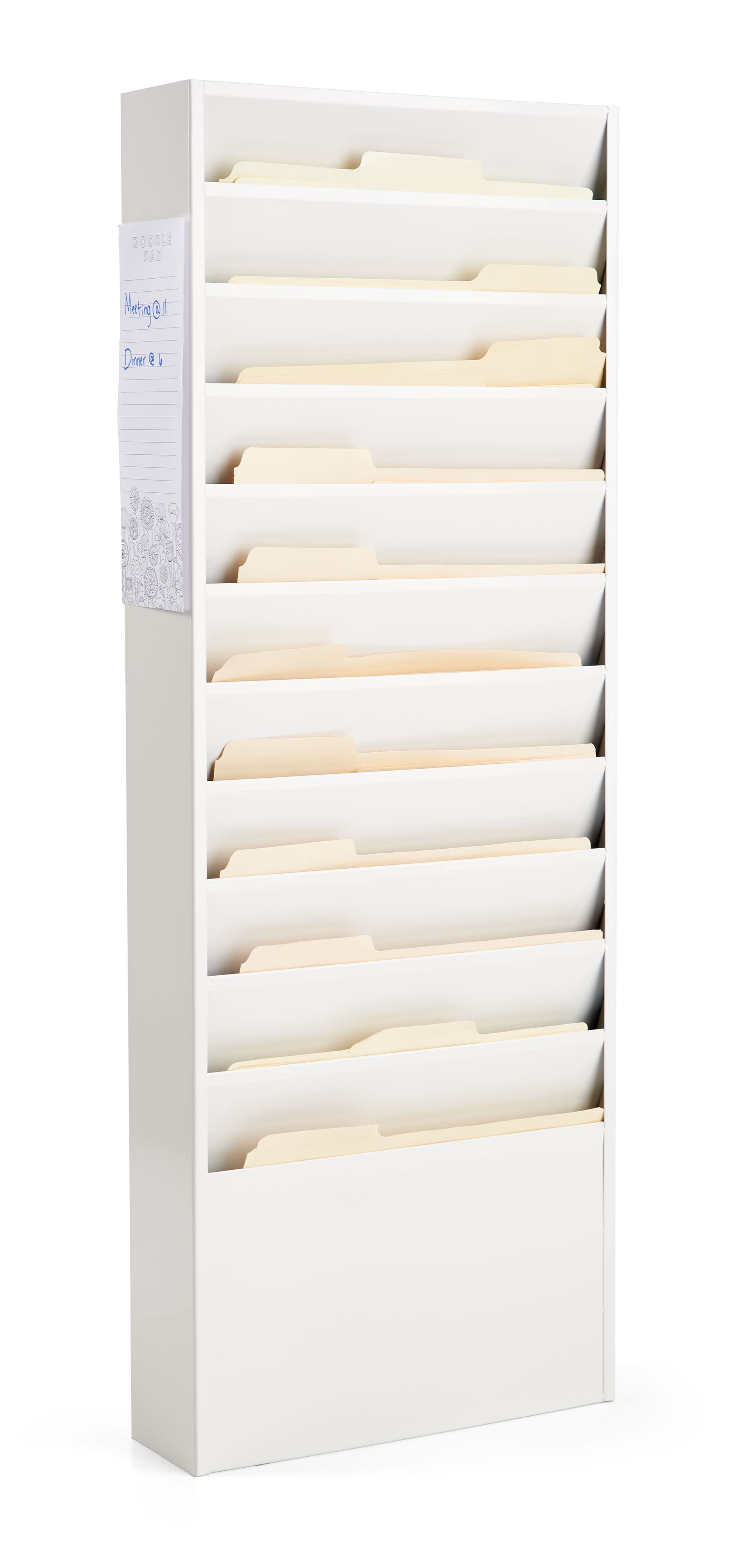 White metal wall mount file holder with overall dimensions of 13.3 inches by 36 inches by 4 inches