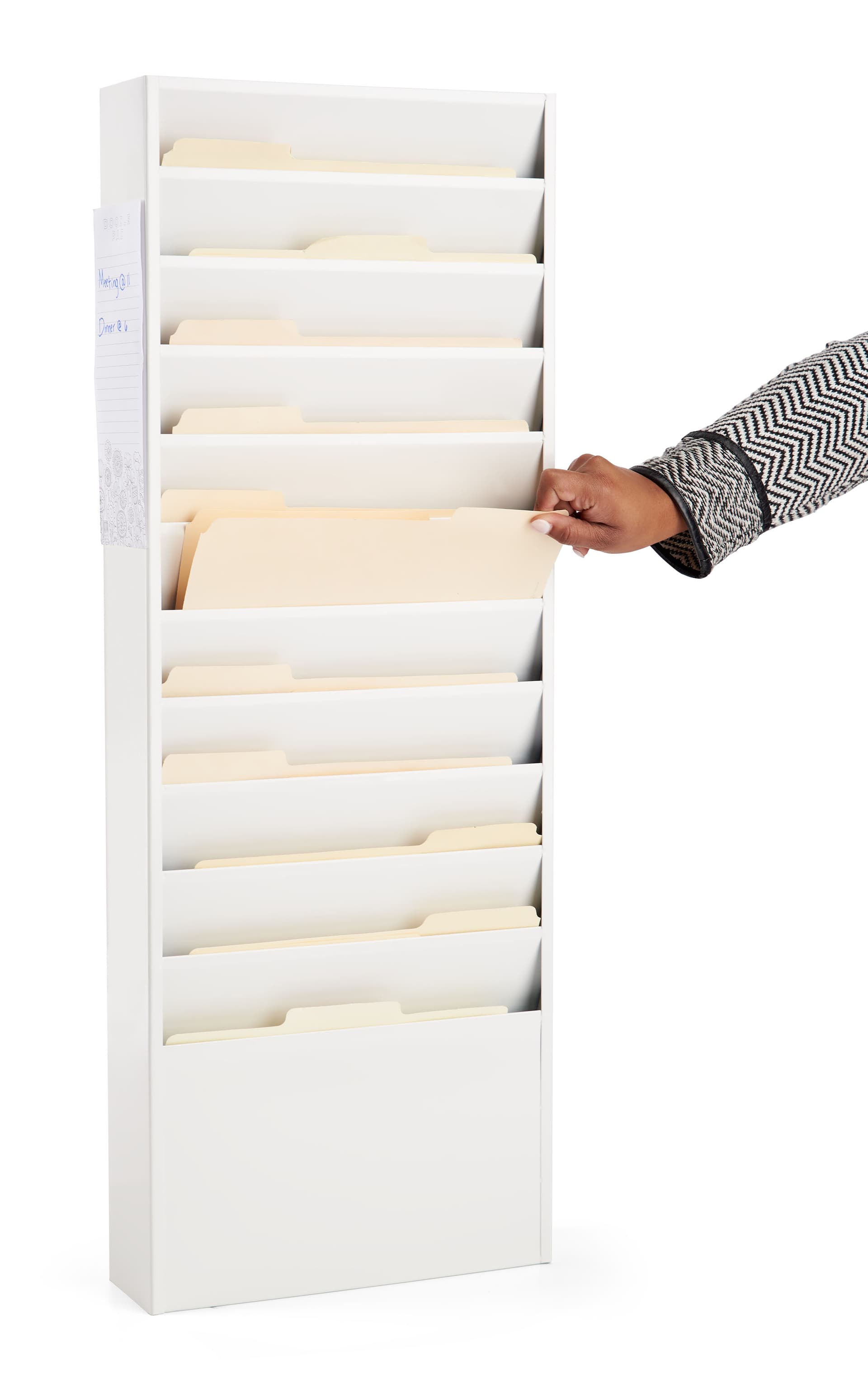 White metal wall mount file holder with letter size pockets