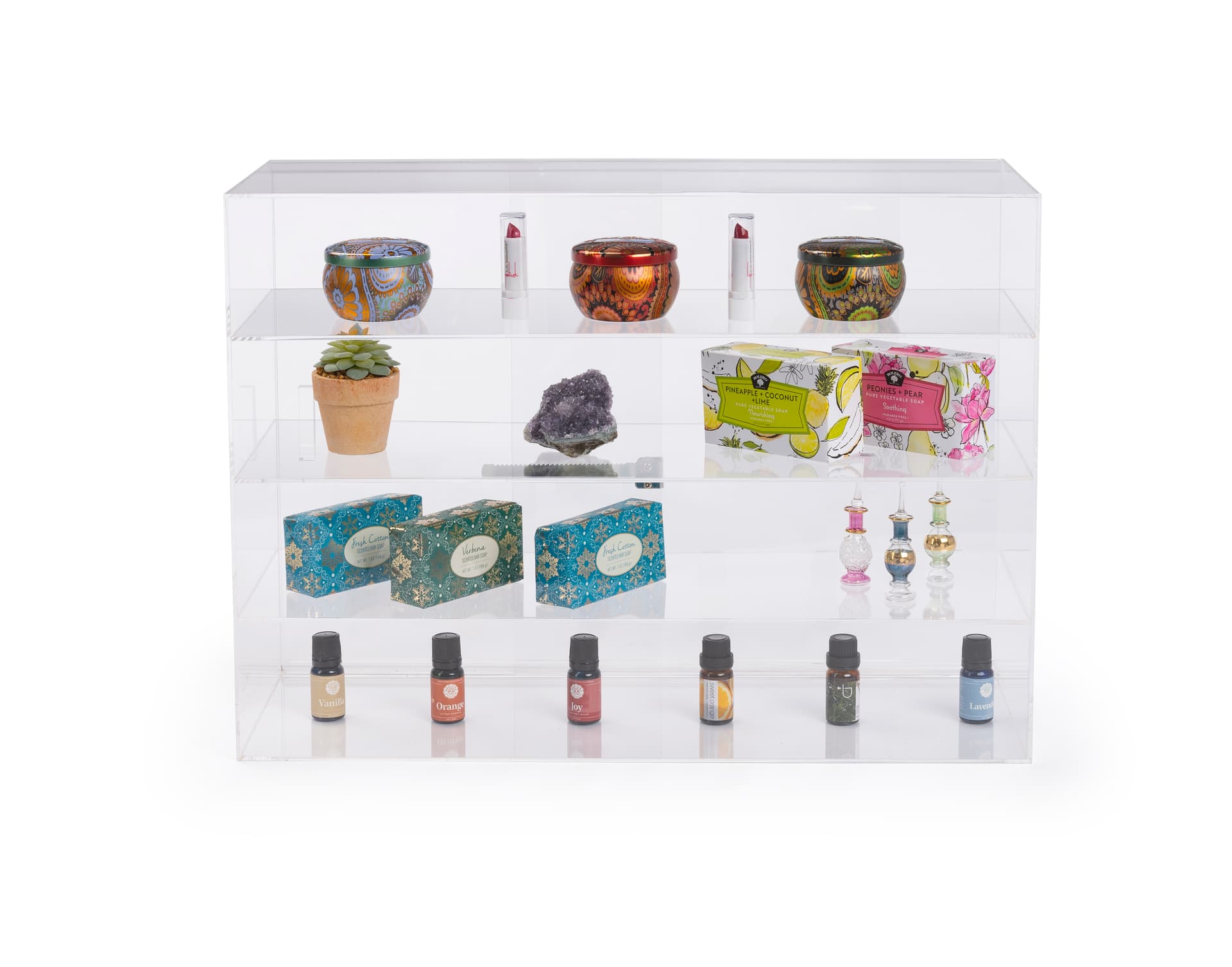 Jewelry display case with 3.9 inch shelf clearance