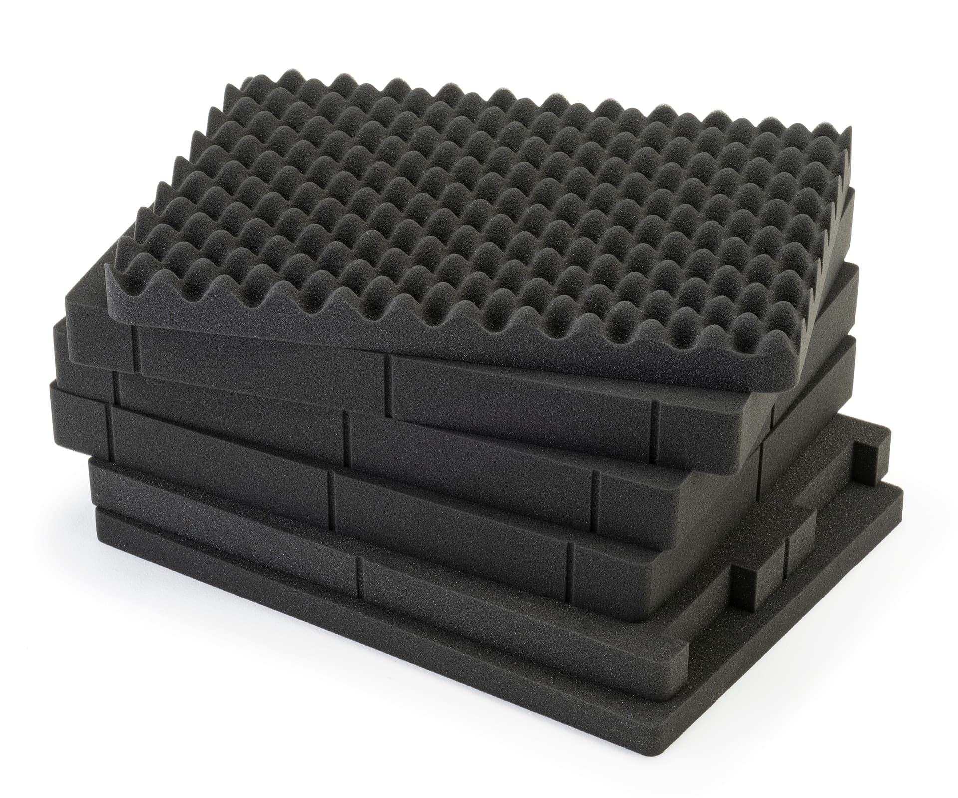 Cubed foam sheets with convoluted lid and 3 middle pluck layers along with 1 flat bottom pad