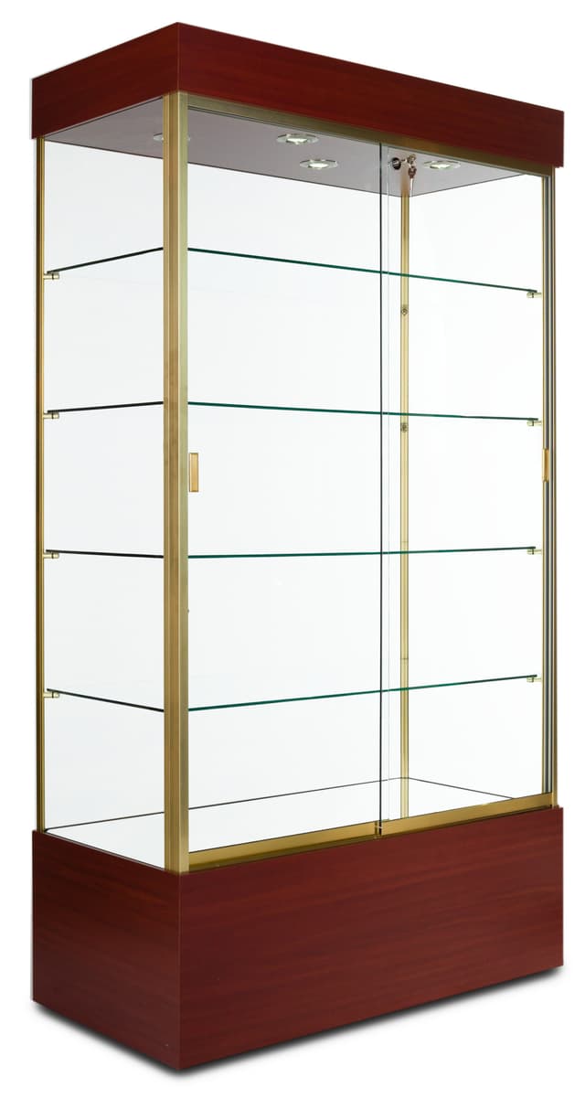 Rosewood Showcases | Overhead Lighting & (4) Glass Shelves | Displays2Go