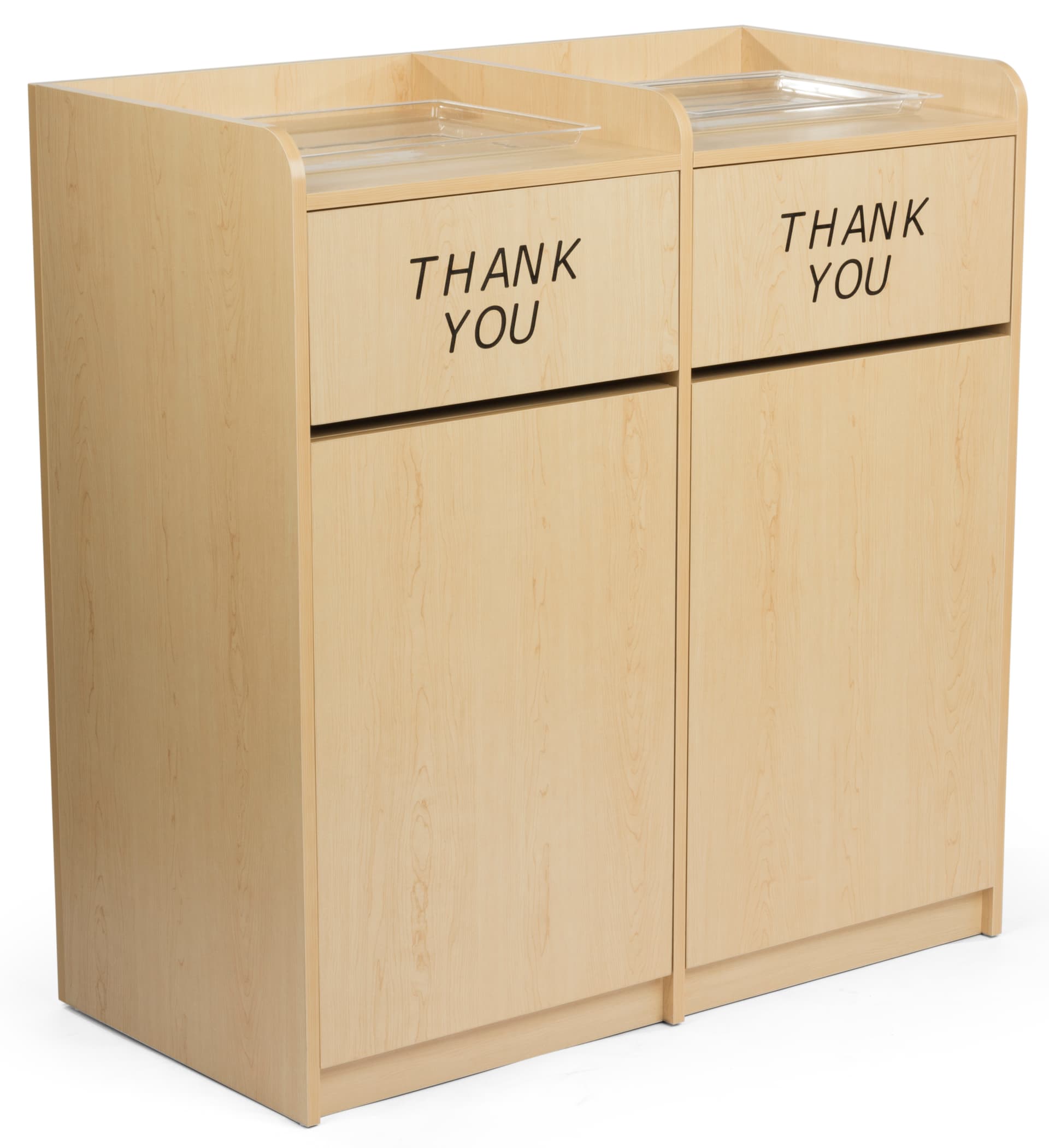 Maple wooden restaurant trash cans with hinged doors 