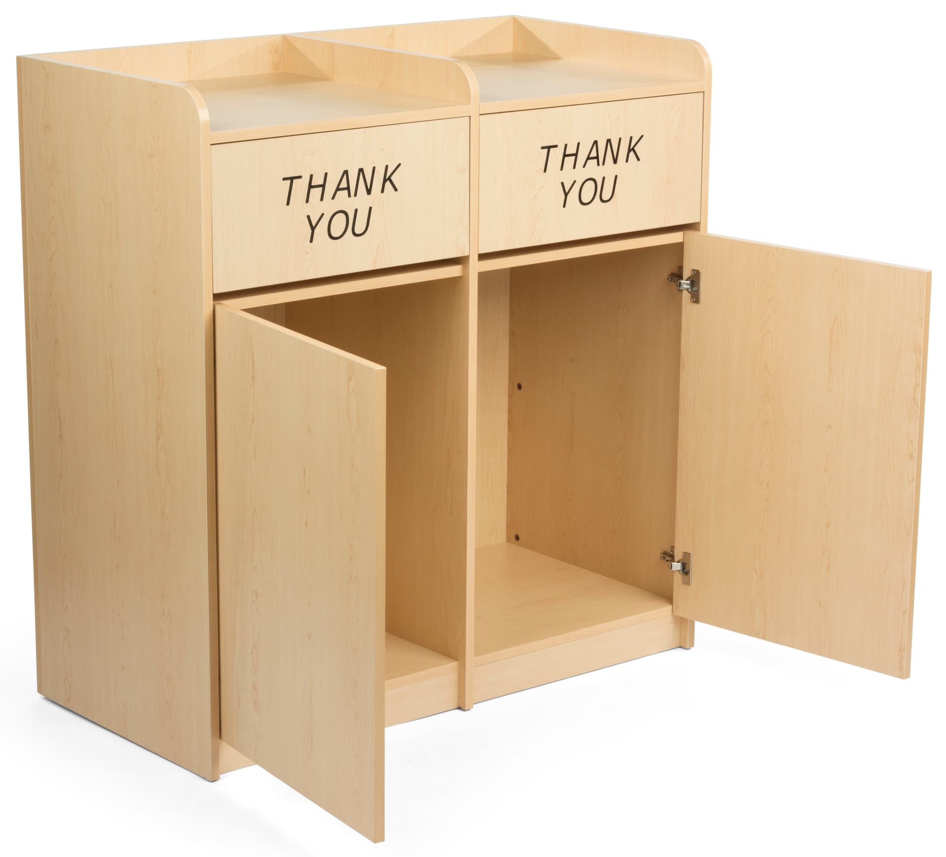 Maple wooden restaurant trash cans with shelving on top