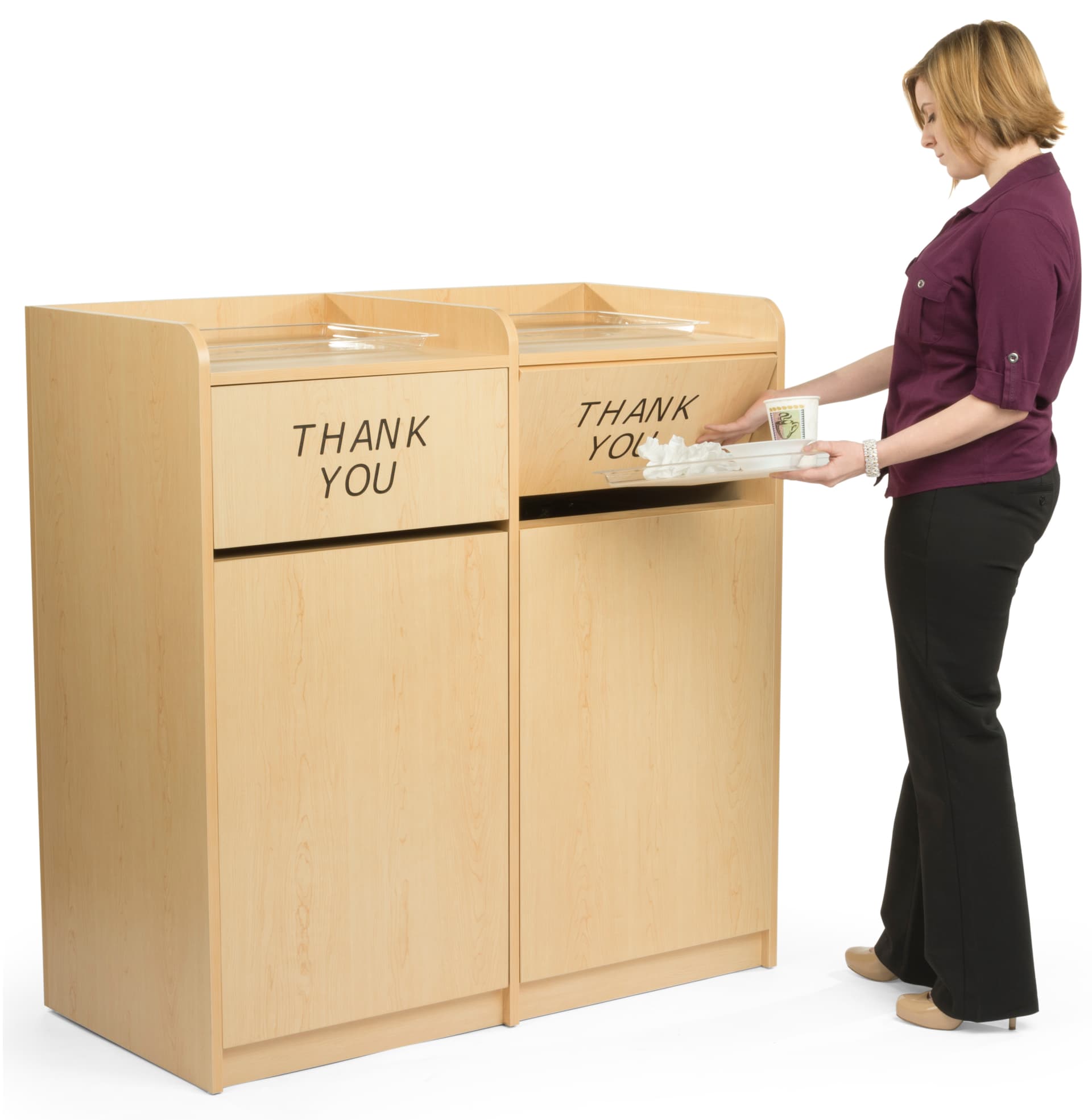 Maple wooden restaurant trash cans accommodate garbage bins or recycling bins of up to 36 gallons in size