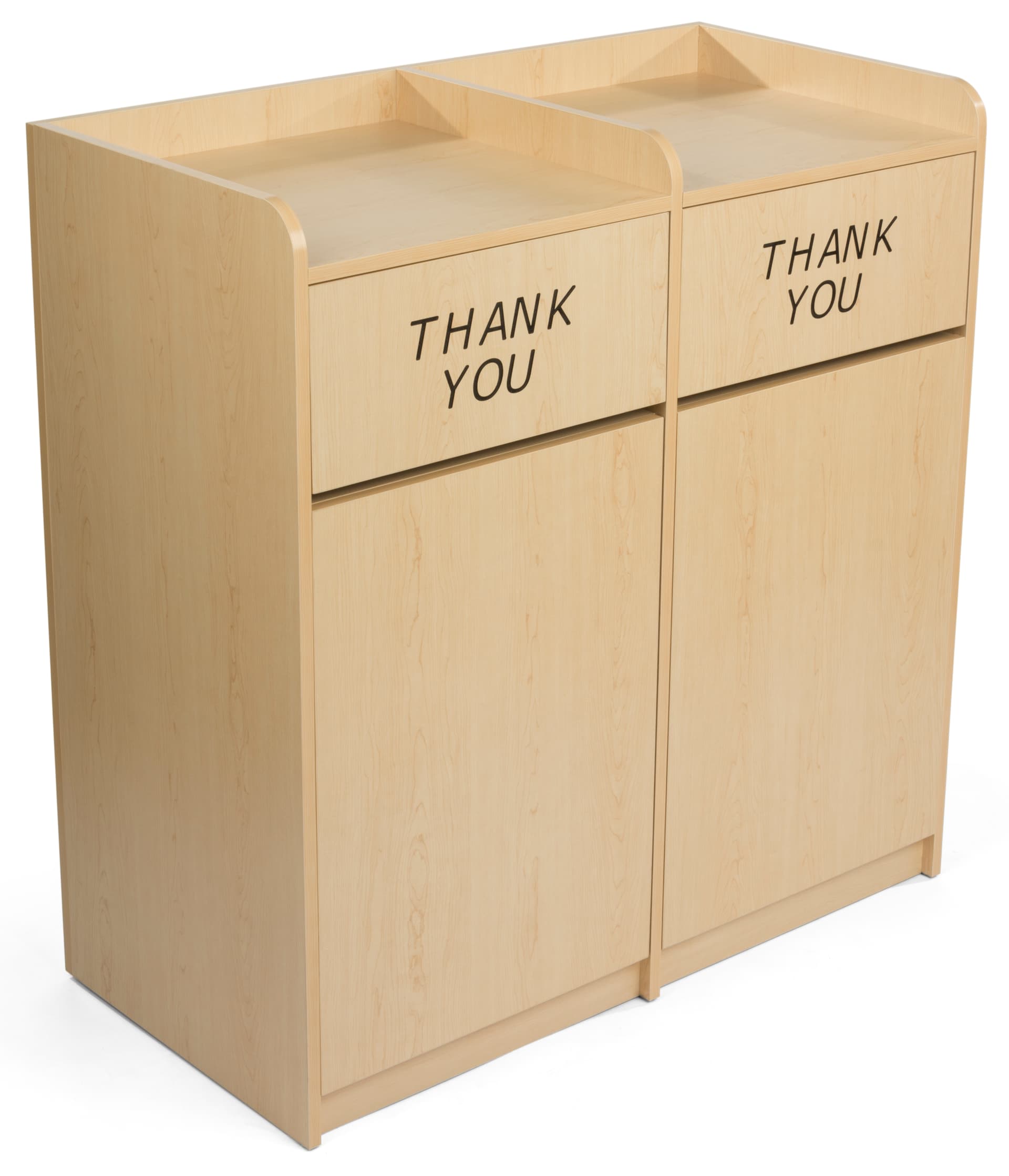 Maple wooden restaurant trash cans with side by side display 