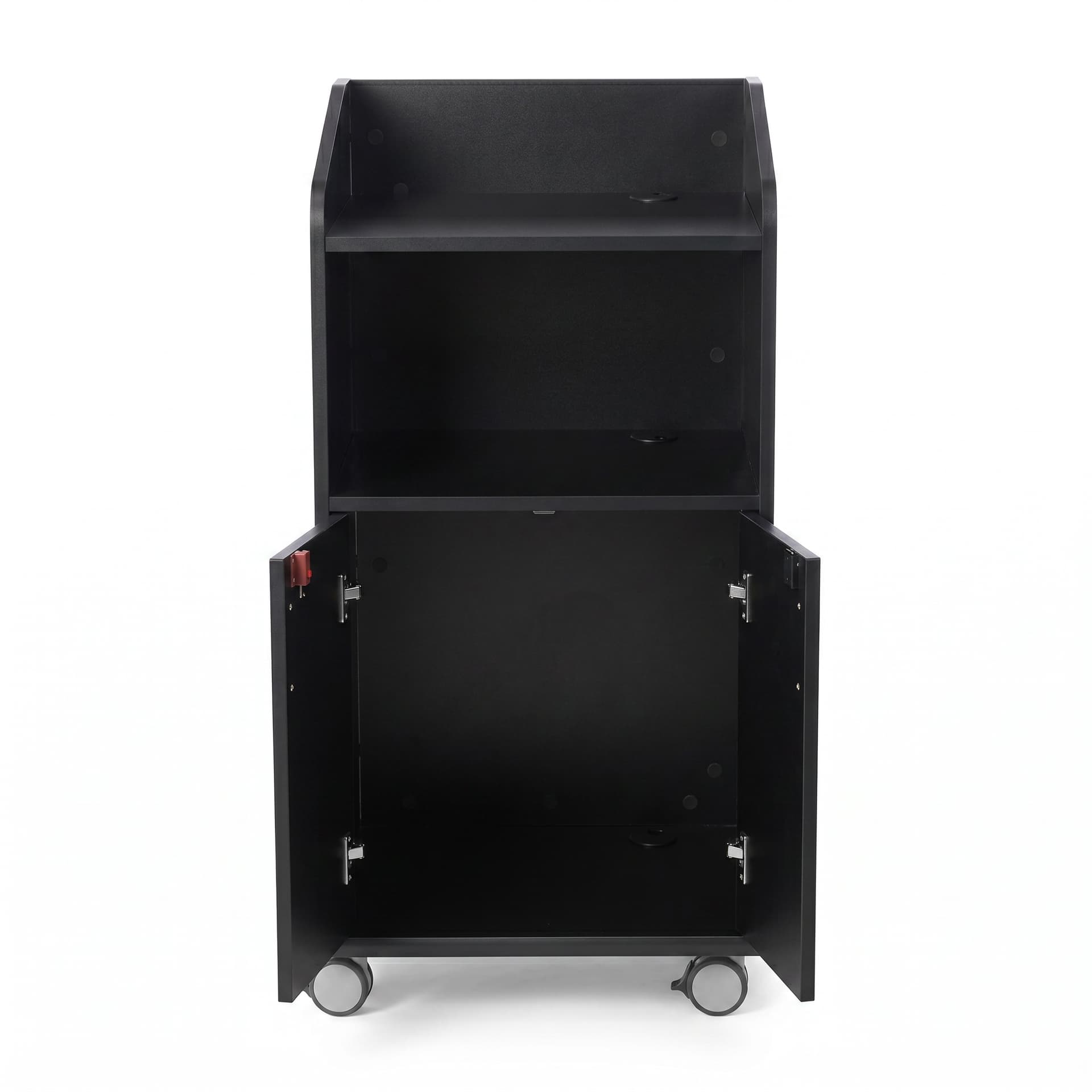Modern Floor Lectern on Wheels has a sizable cabinet for storing menus, promotional materials, personal belongings, and more