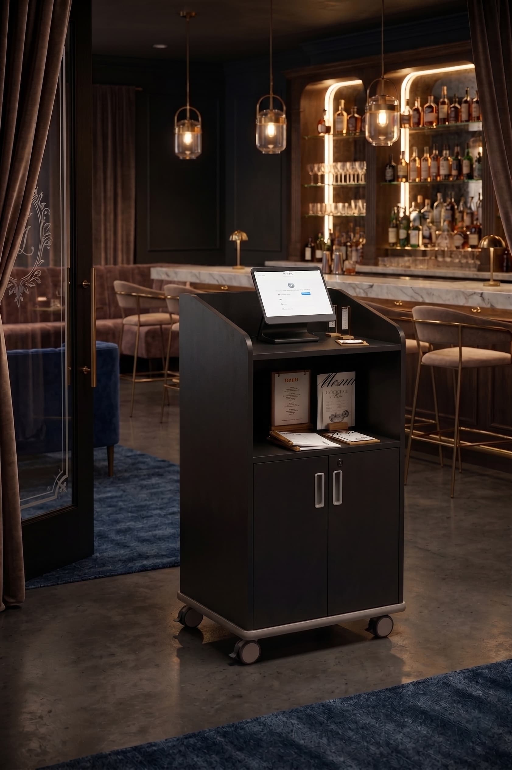 Modern Floor Lectern on Wheels in a restaurant space being used as a hostess stand