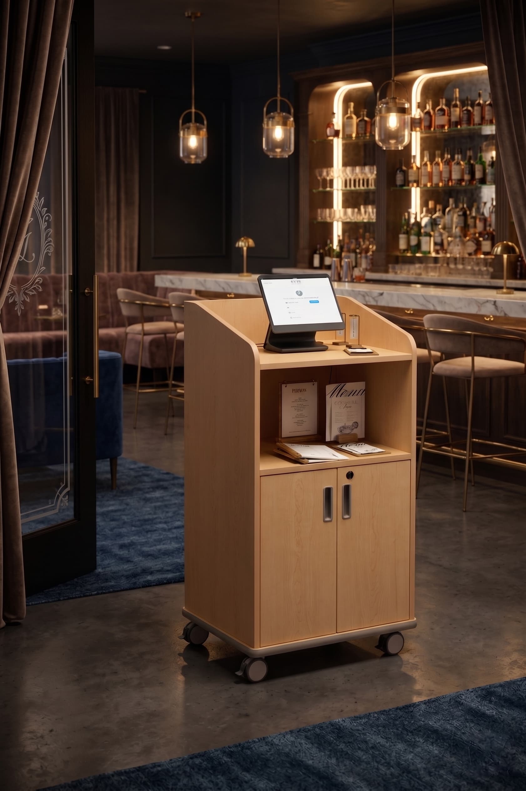 Modern Floor Lectern on Wheels in a restaurant environment being used as a hostess stand