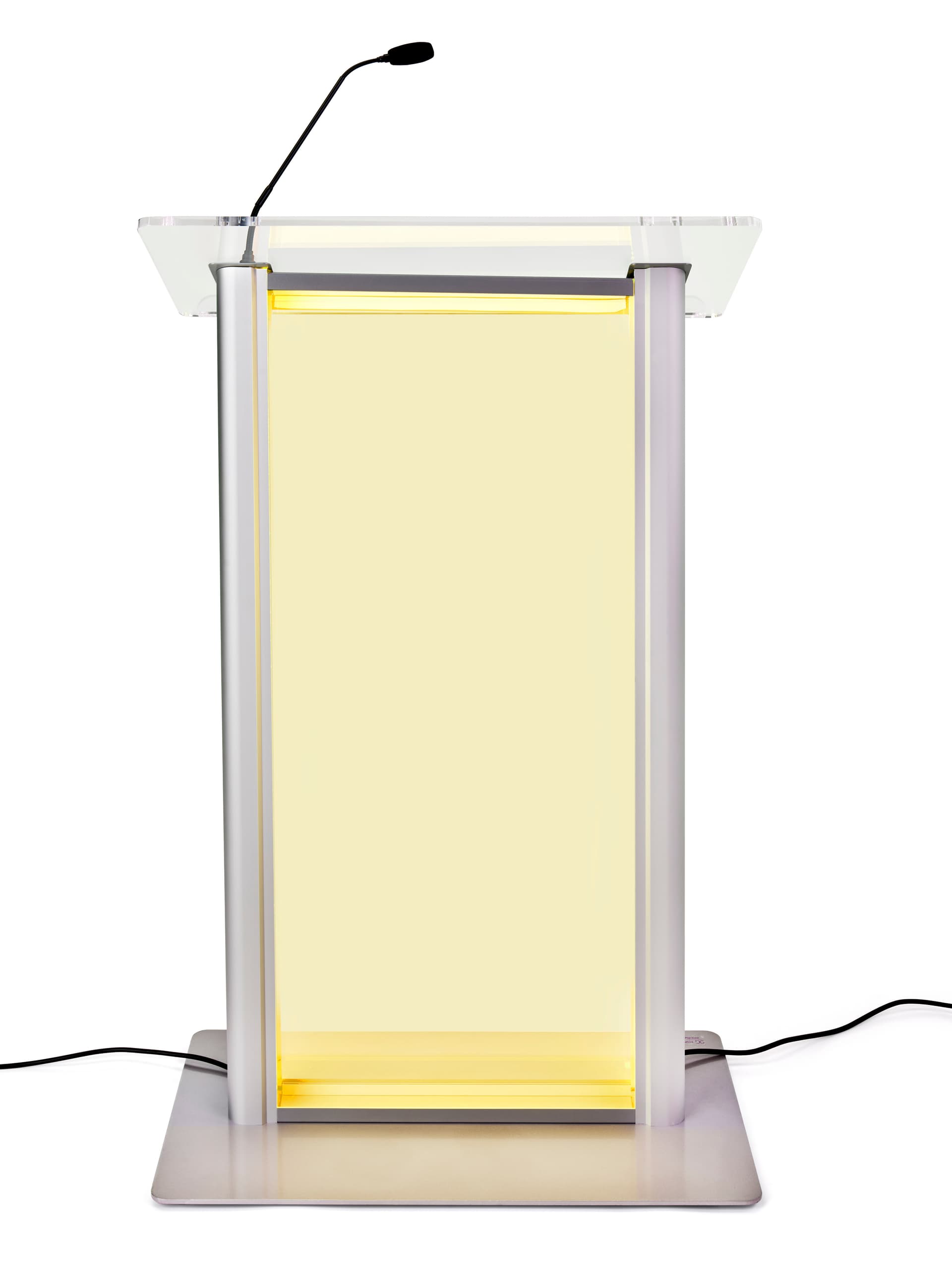 Illuminated clear acrylic podium has a color brightness setting