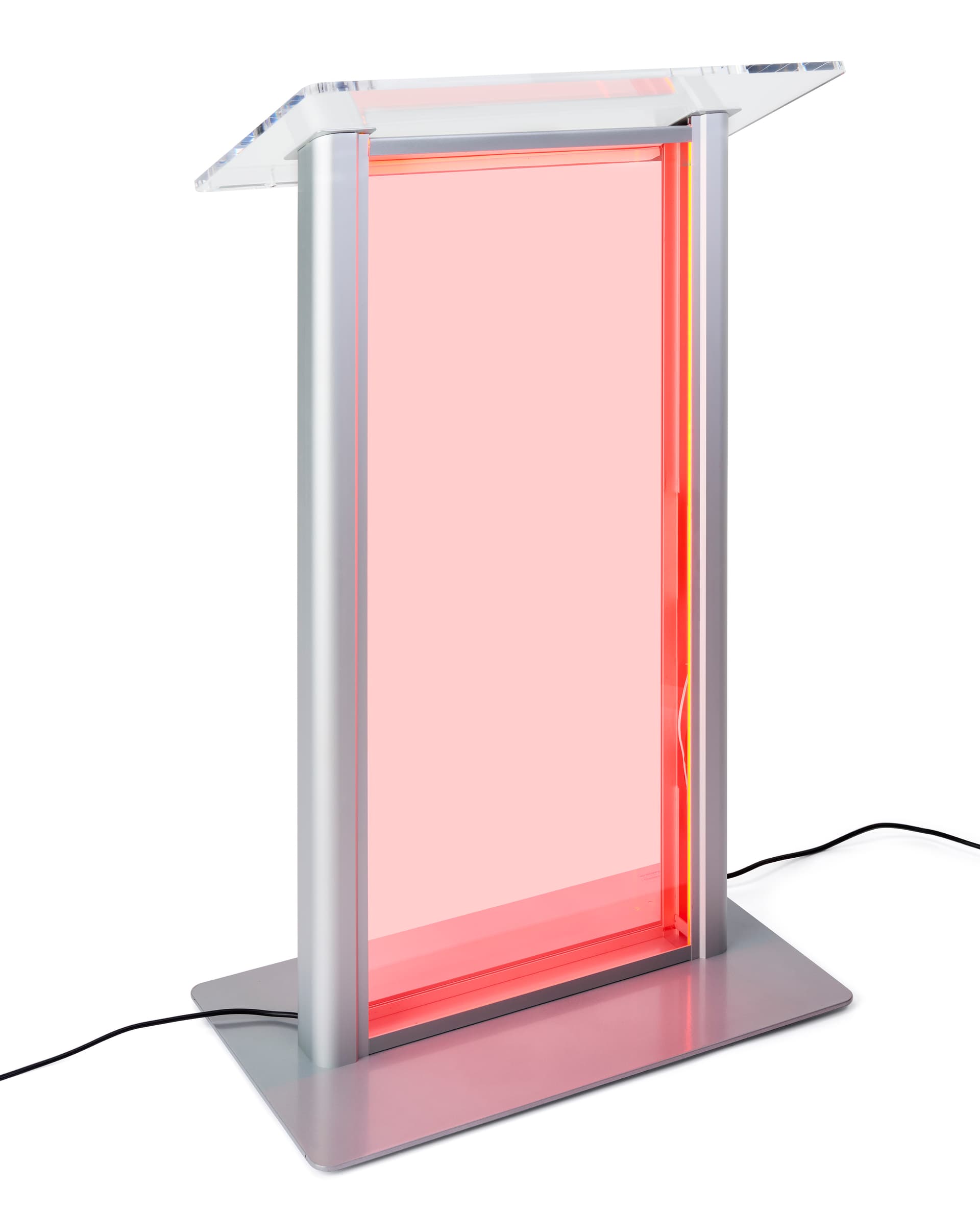 Illuminated clear acrylic podium has overall dimensions of 27 inches by 48 inches