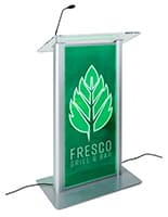 Custom LED clear acrylic lectern featuring personalized graphic
