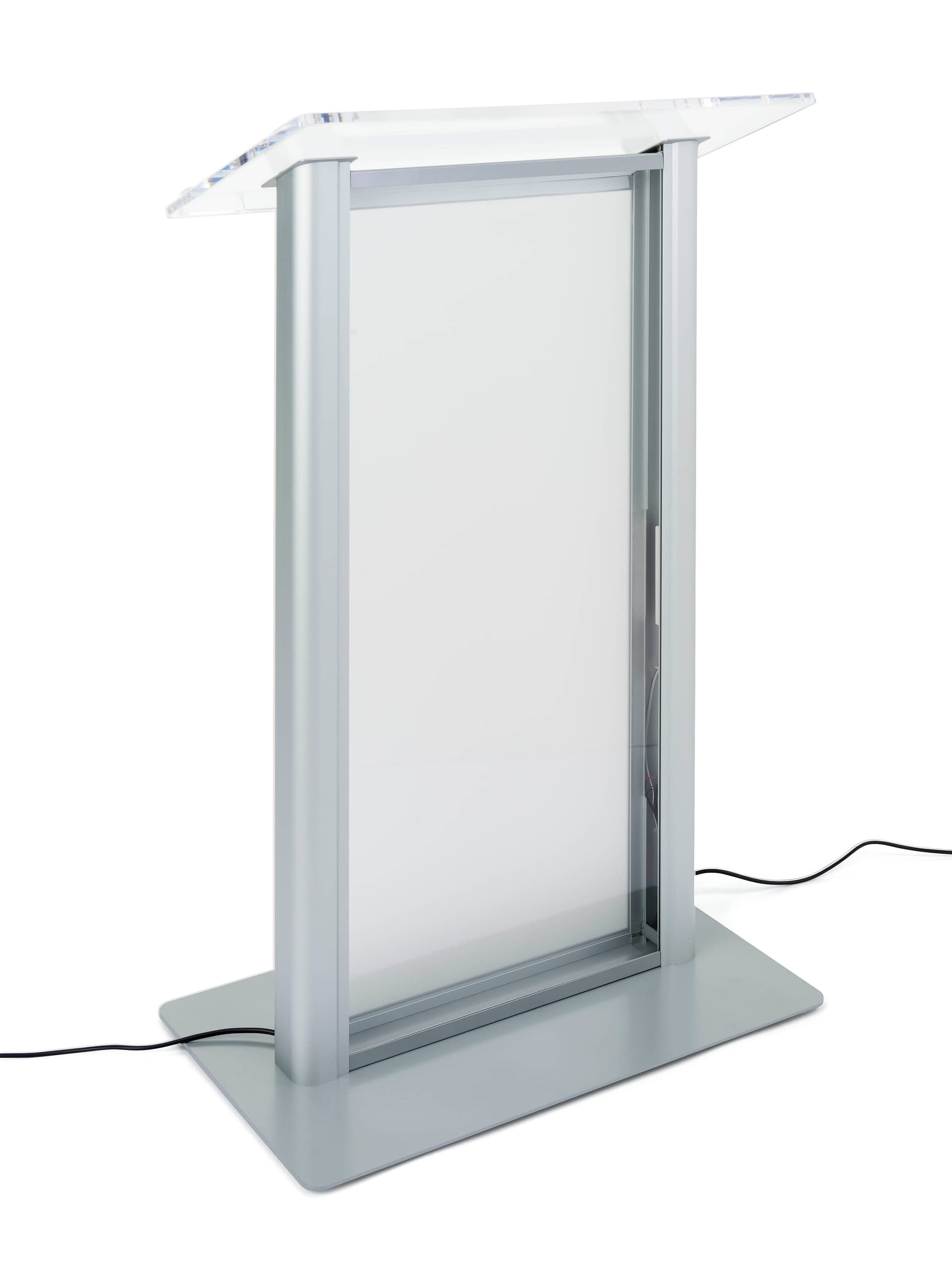 Illuminated frosted acrylic lectern has stable metal base