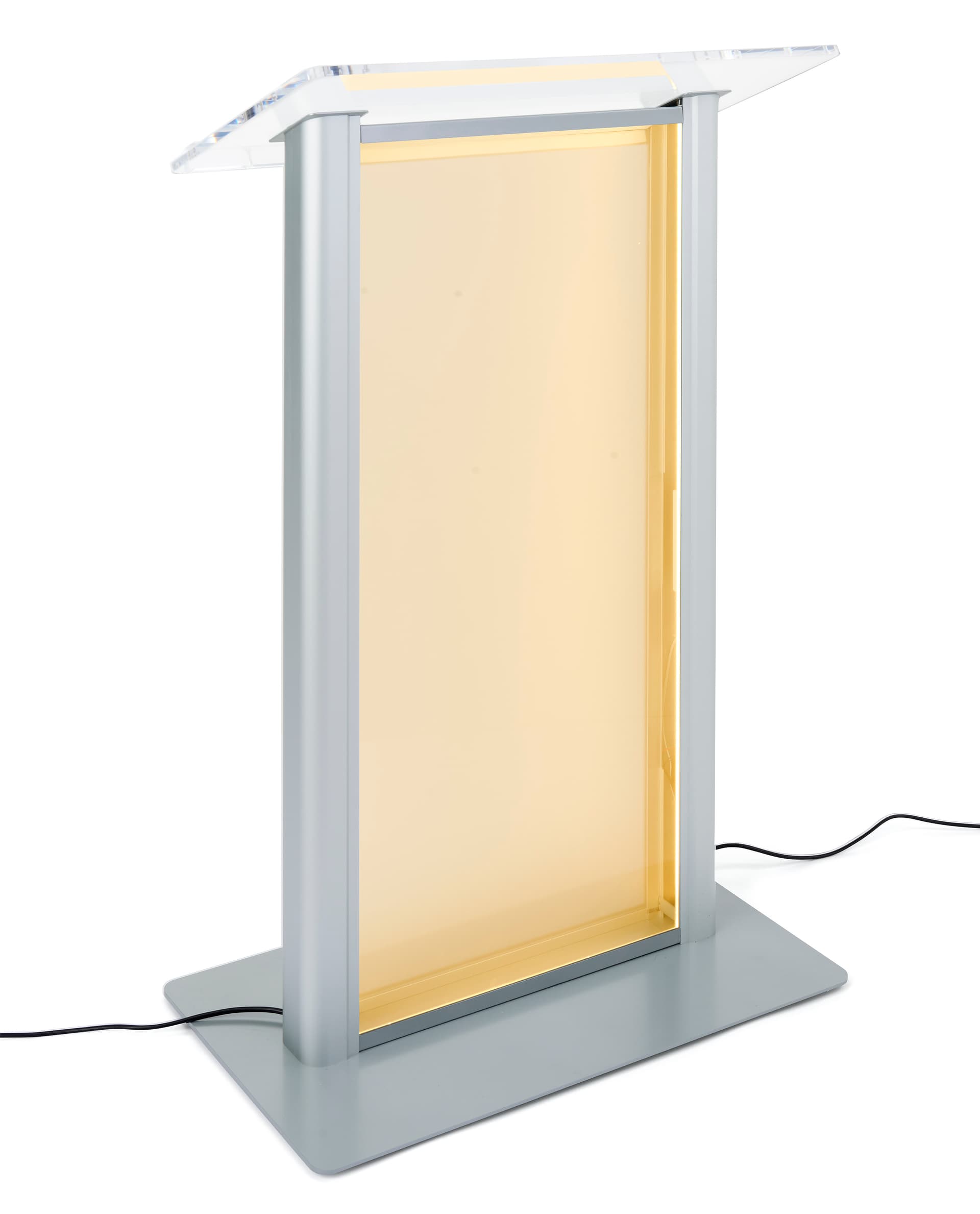 Illuminated frosted acrylic lectern has AC power cord