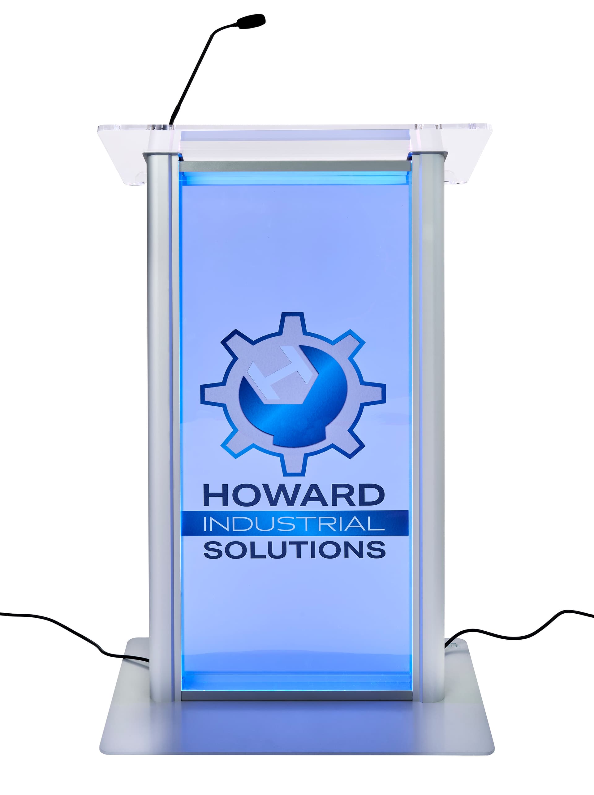 Frosted acrylic light up podium with logo and 16 LED colors