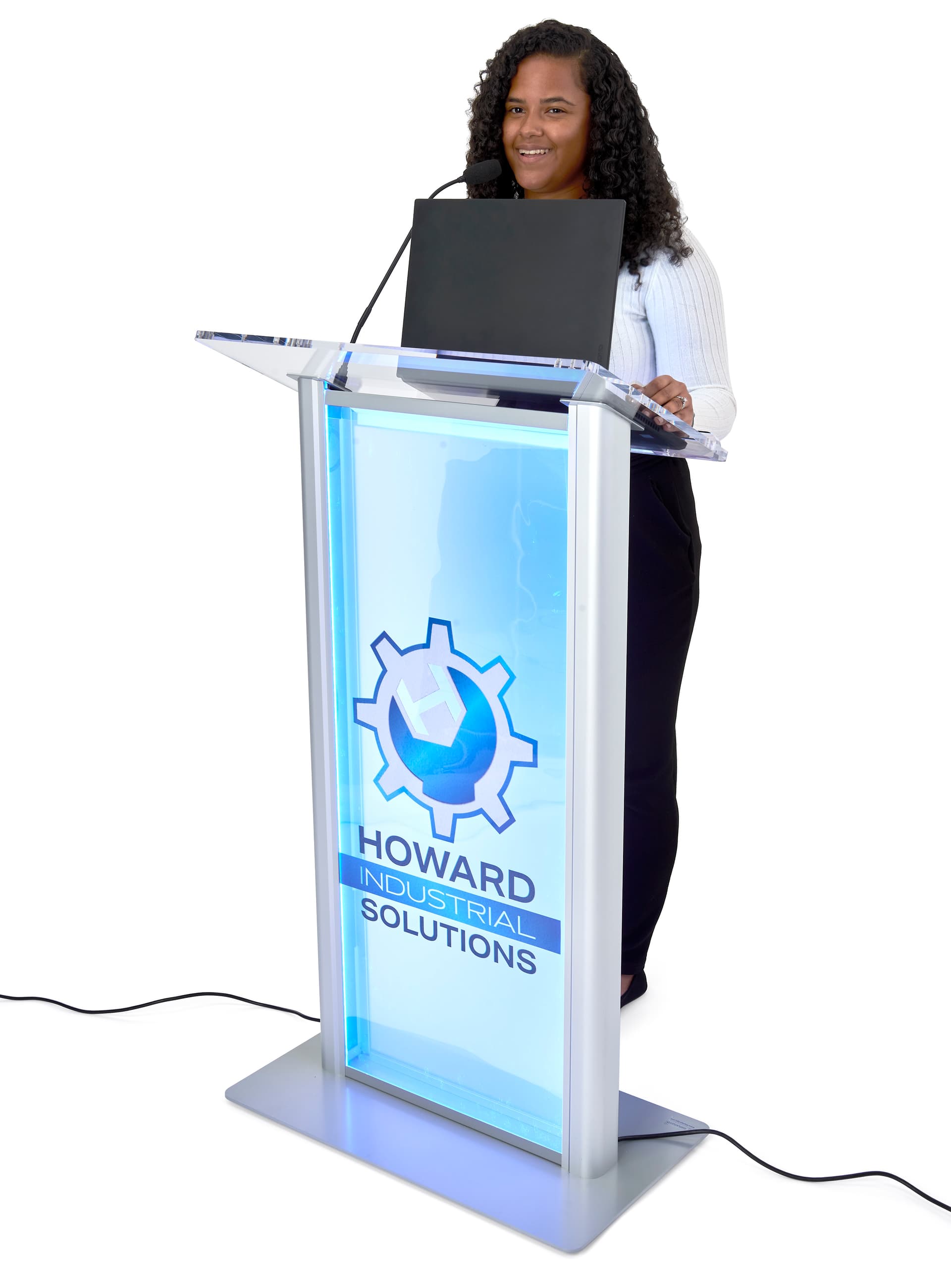 Frosted acrylic light up podium with logo has dimensions of 27 inches by 48 inches