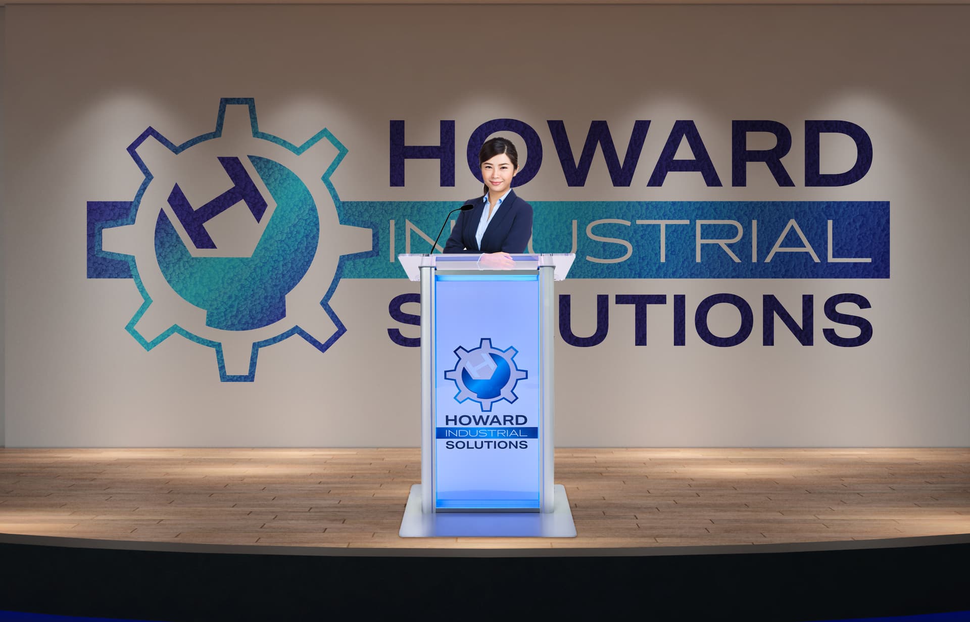 Frosted acrylic light up podium with logo is made from steel, aluminum and acrylic