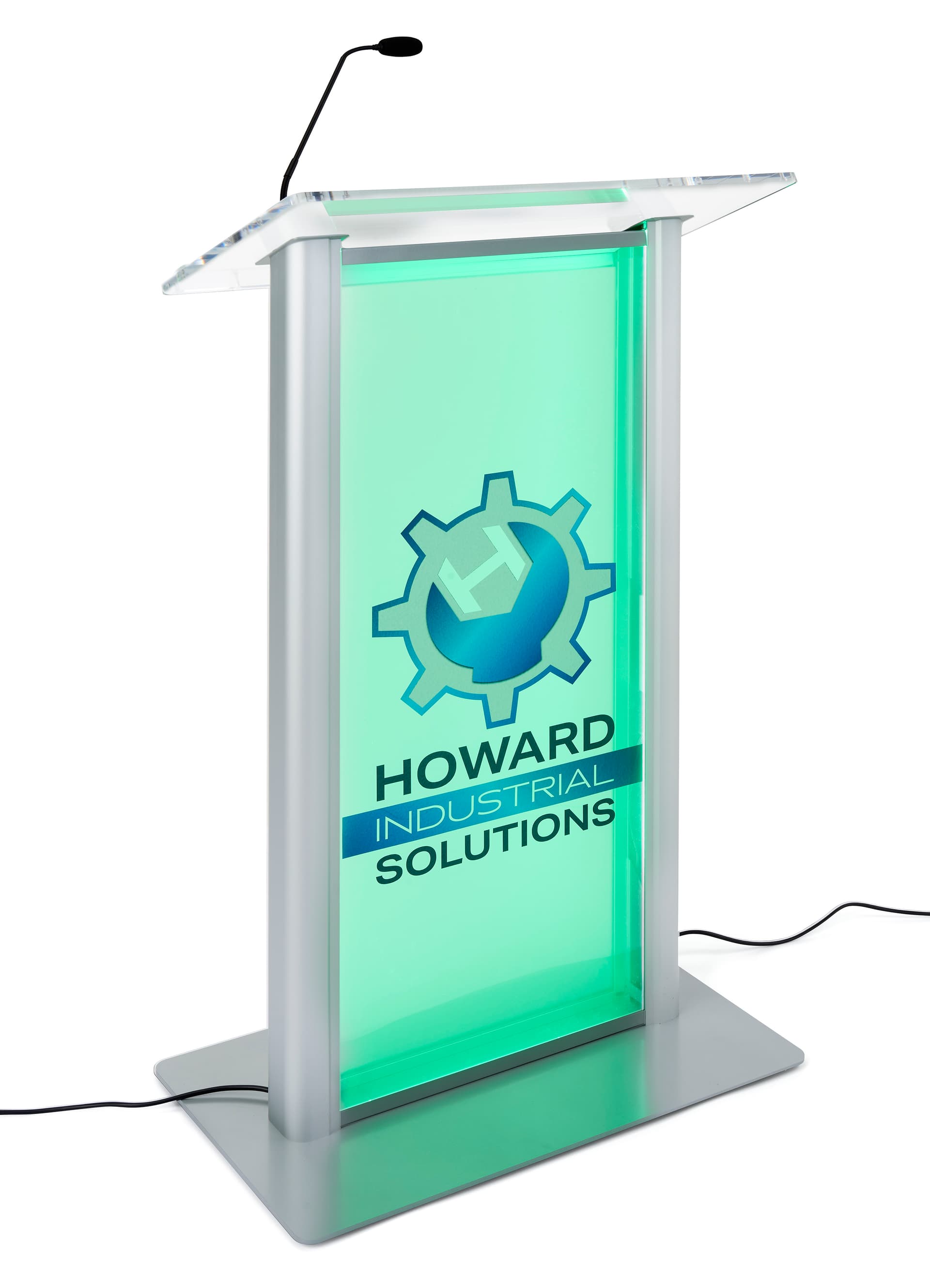 Frosted acrylic light up podium with logo and an angled top platform