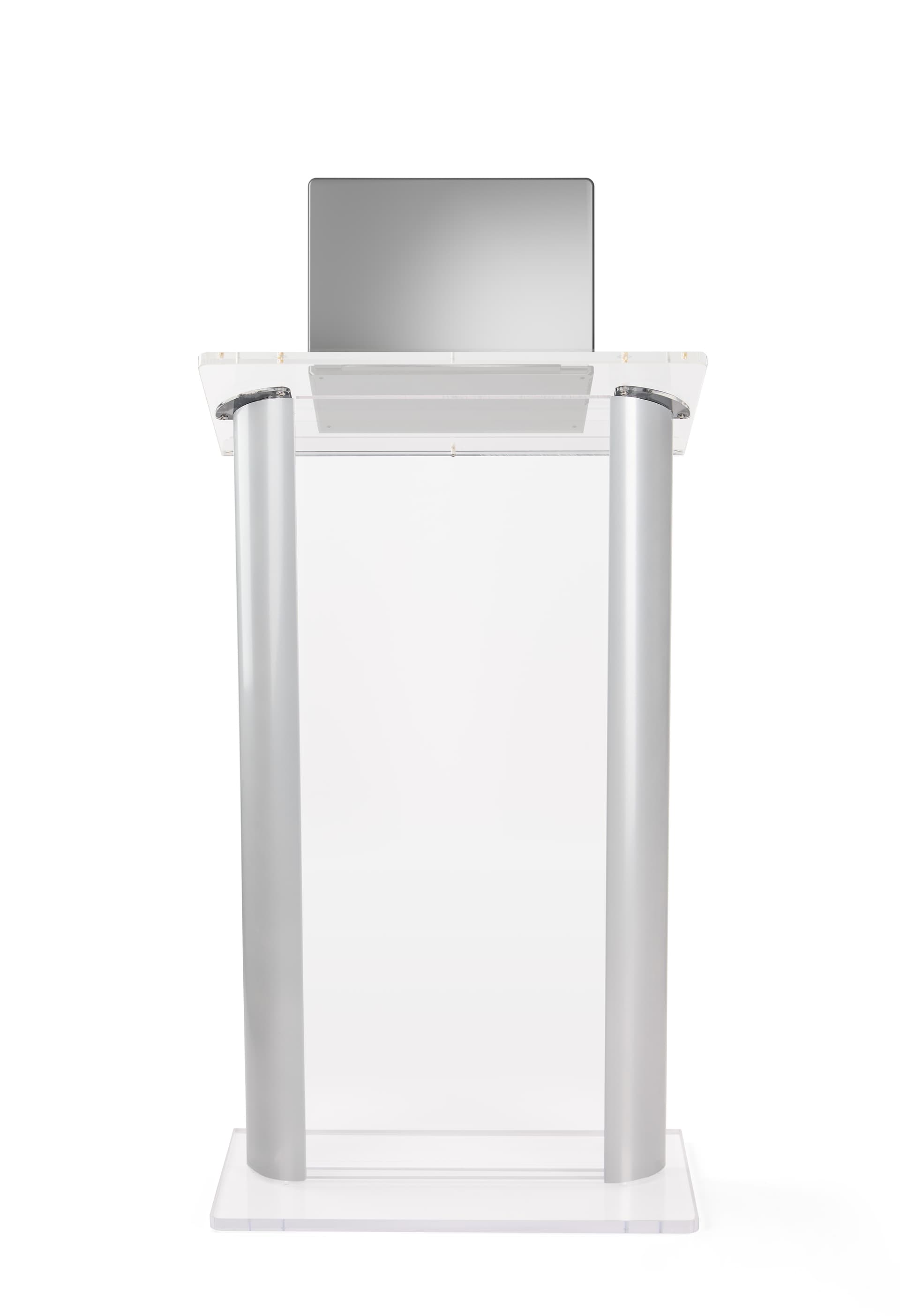 Clear acrylic podium with satin anodized aluminum sides