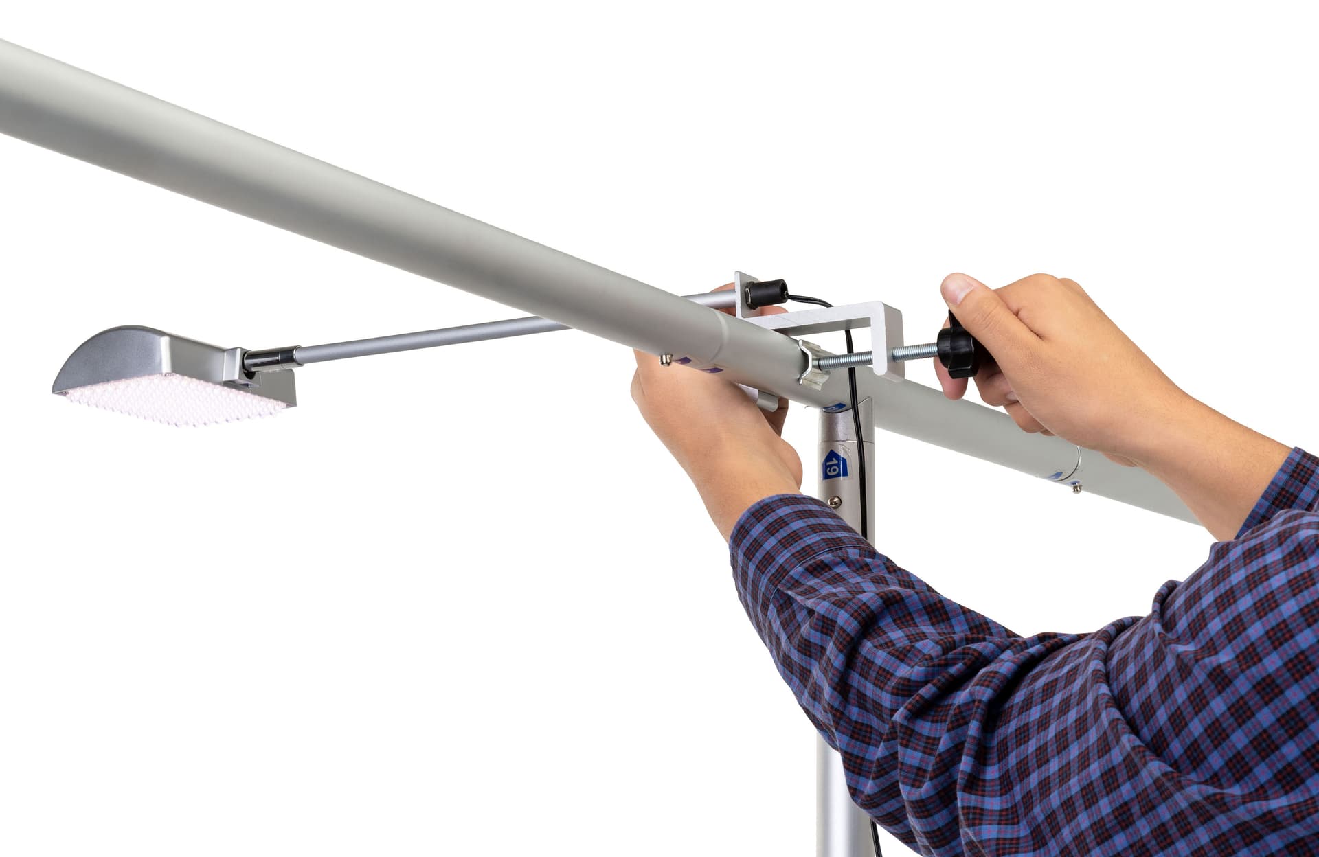 Clamp on LED spotlight with adjustable clamp-on base for trade show use 