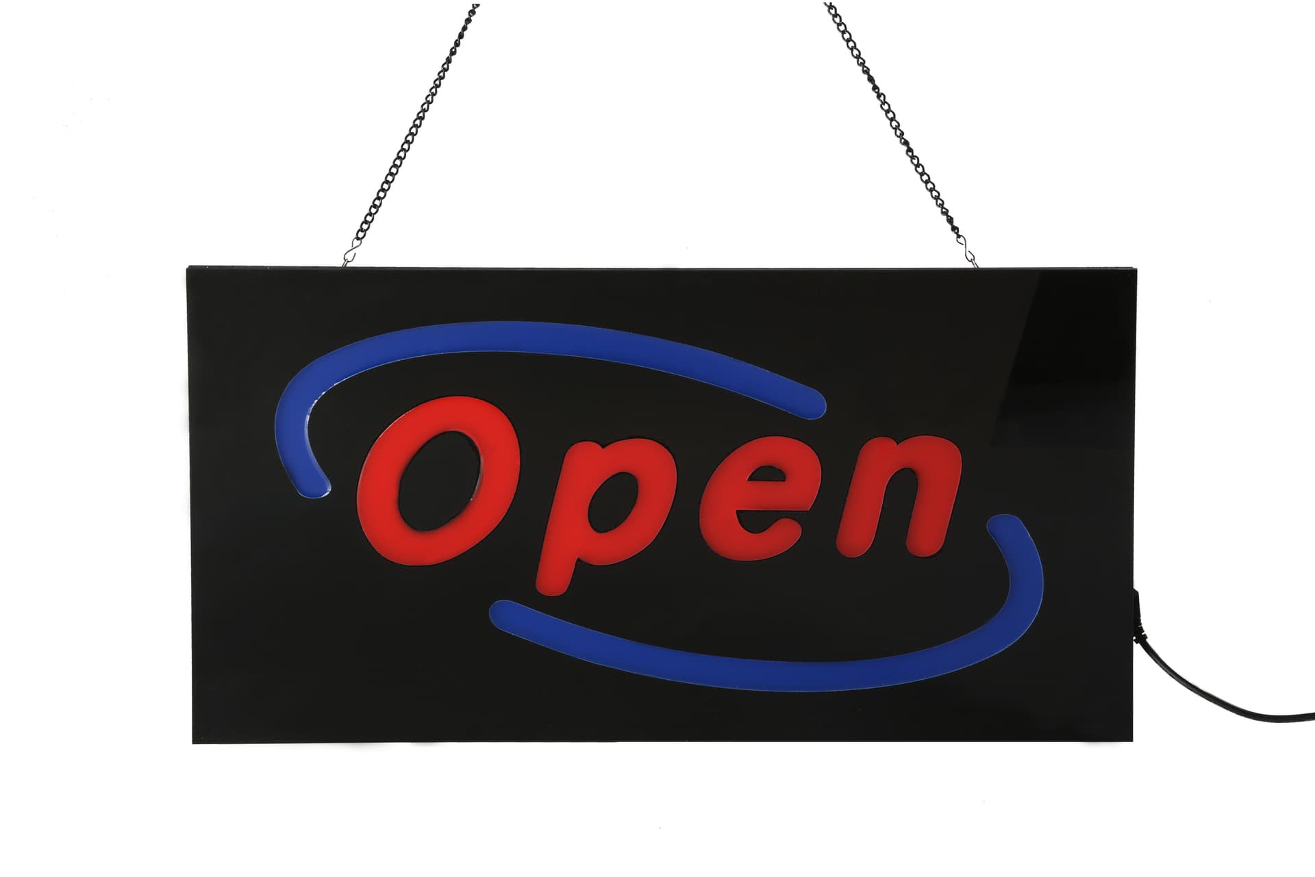 Light Up Open LED Signage | Glowing Red Text with Blue Orbit | Displays2Go
