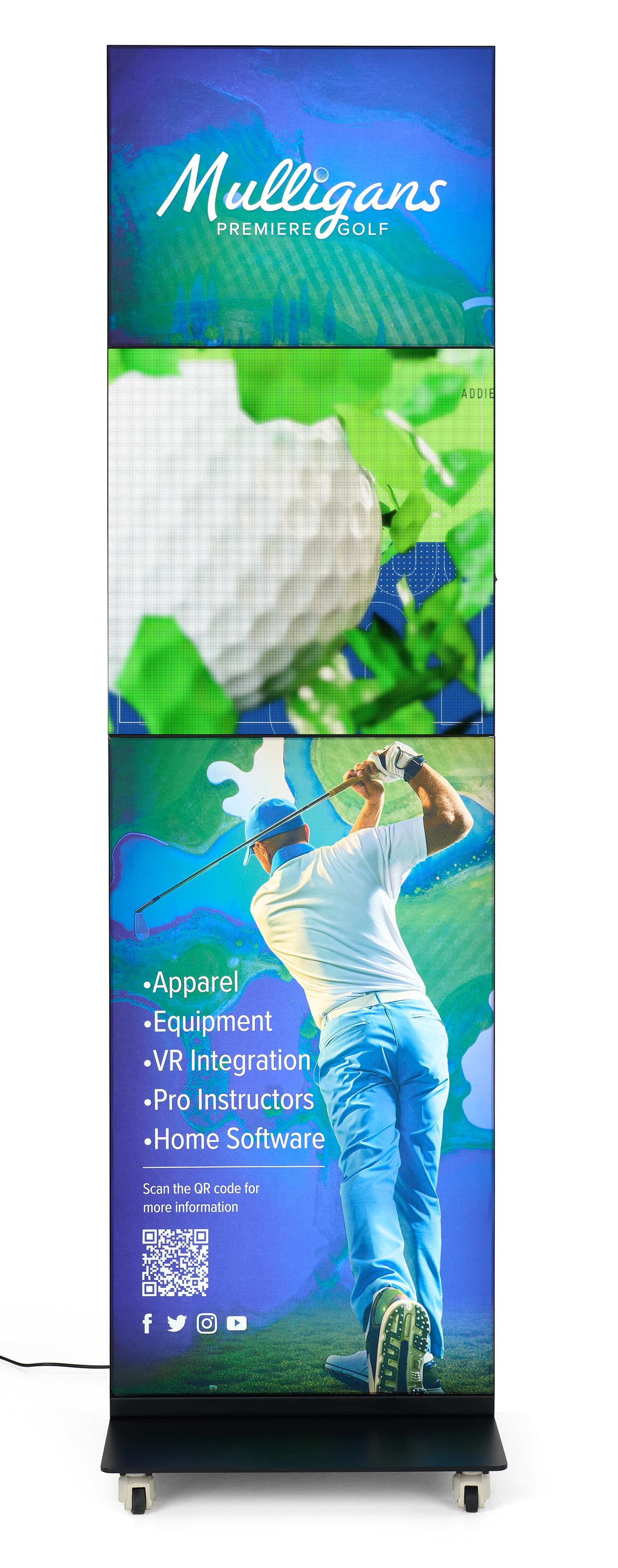 Digital advertising display facing frontwards showcasing a vibrant golf related trade show graphic