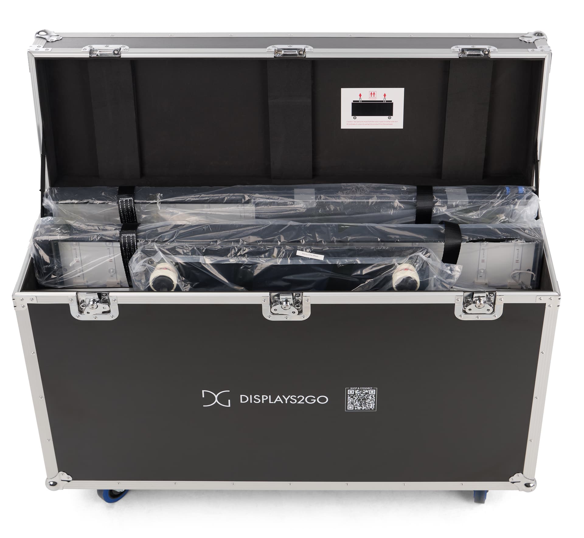 Digital advertising display breaks down into 3 pieces in order to be stored within the case