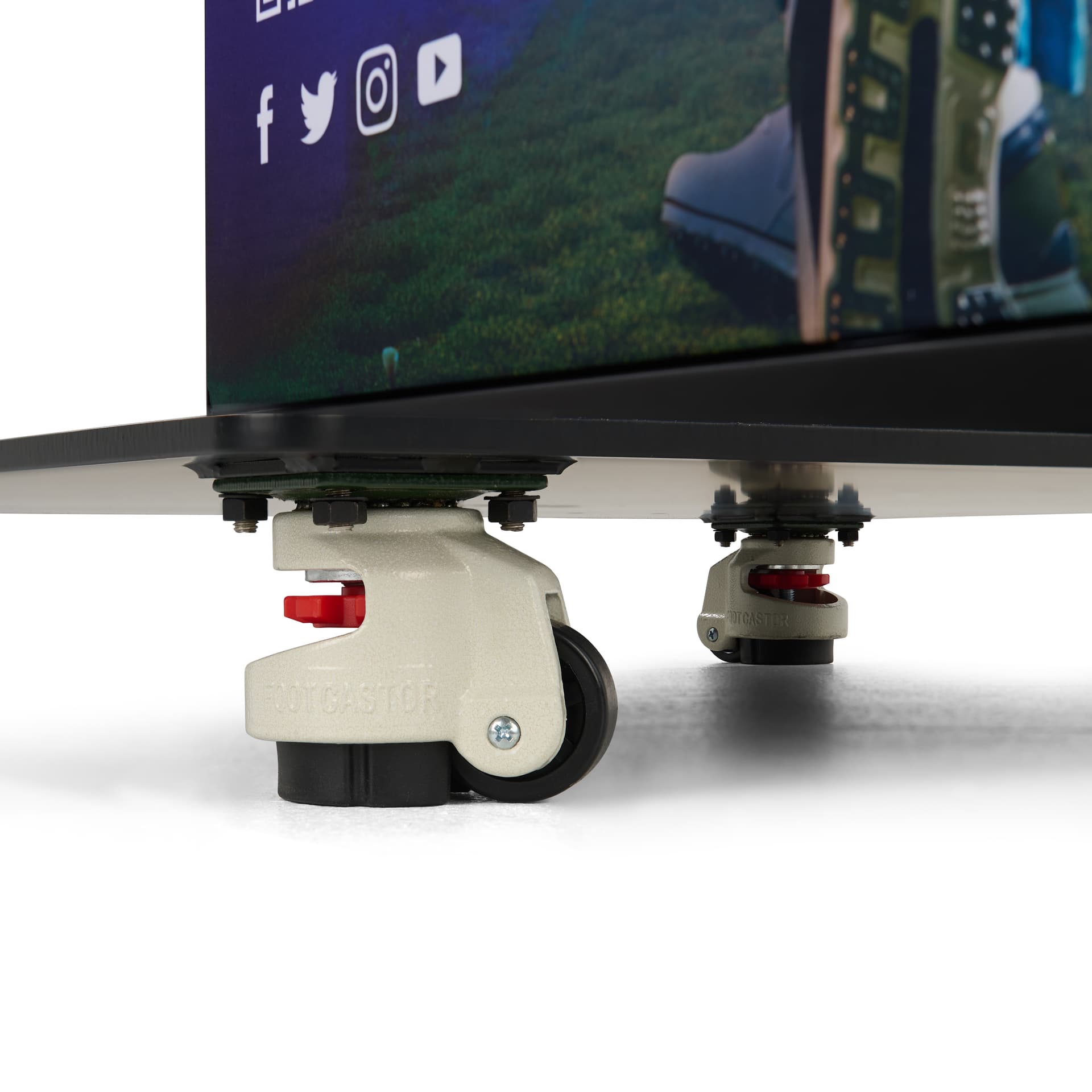 Digital advertising display with rolling caster wheels with levelers and stoppers