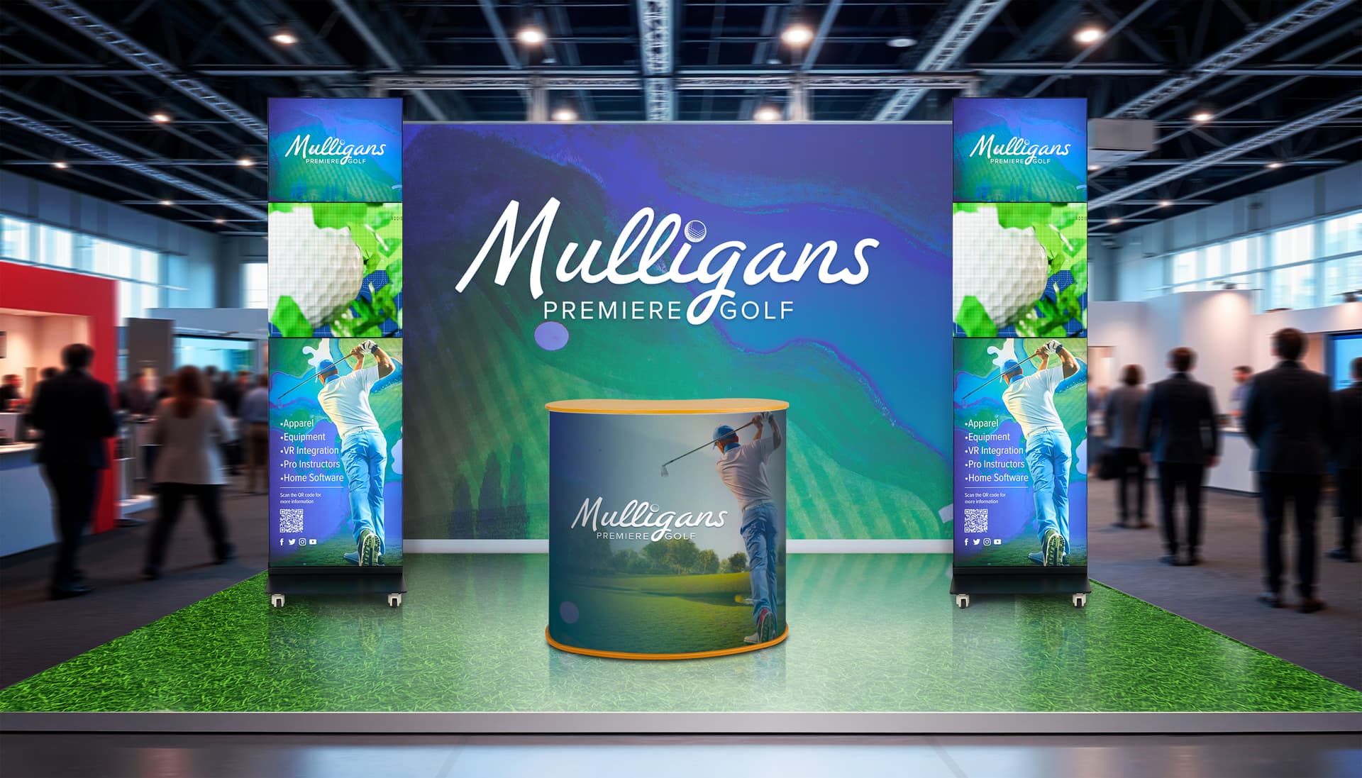 Digital advertising display being showcased in a trade show booth peering above the crowd and gathering attention