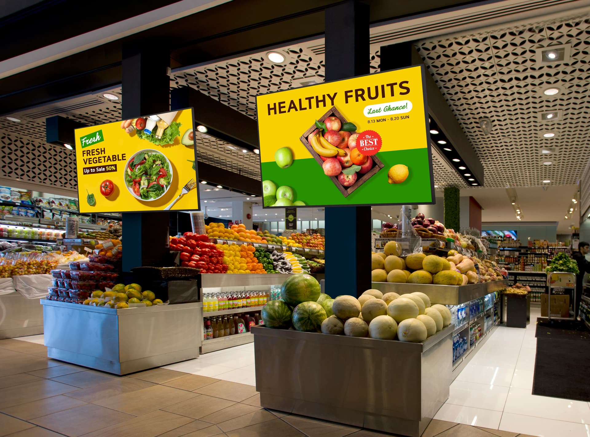 Digital advertising screen showcased in a grocery store
