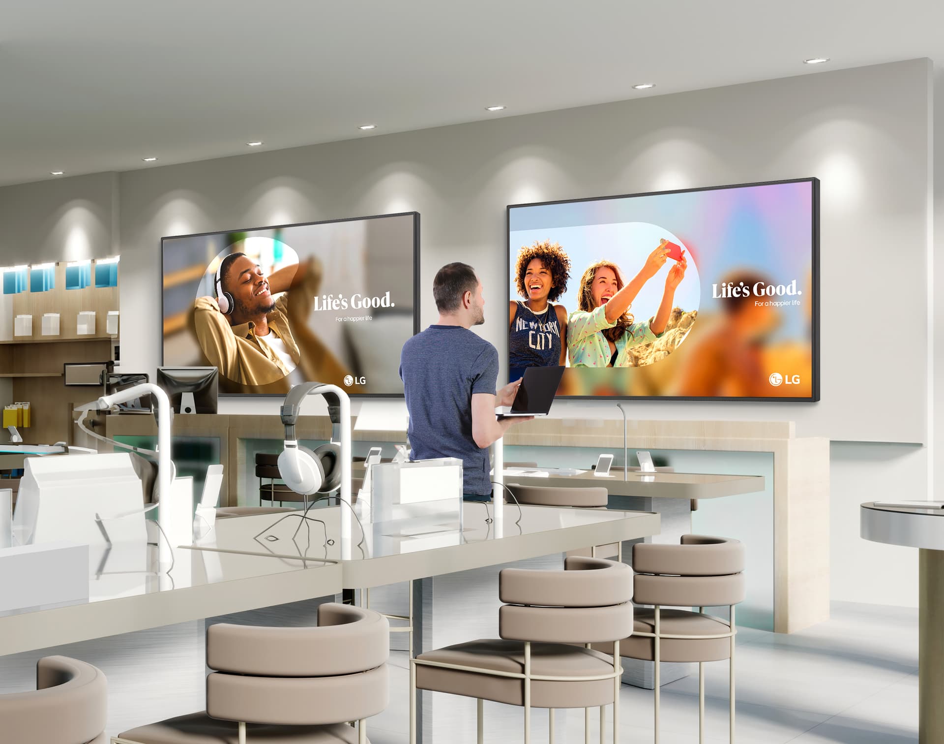 Digital advertising screen being utilized in a tech store