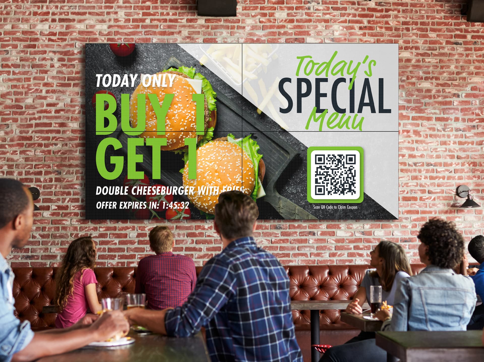 4 TV video wall system being shown displayed in a restaurant environment showing a todays special graphic