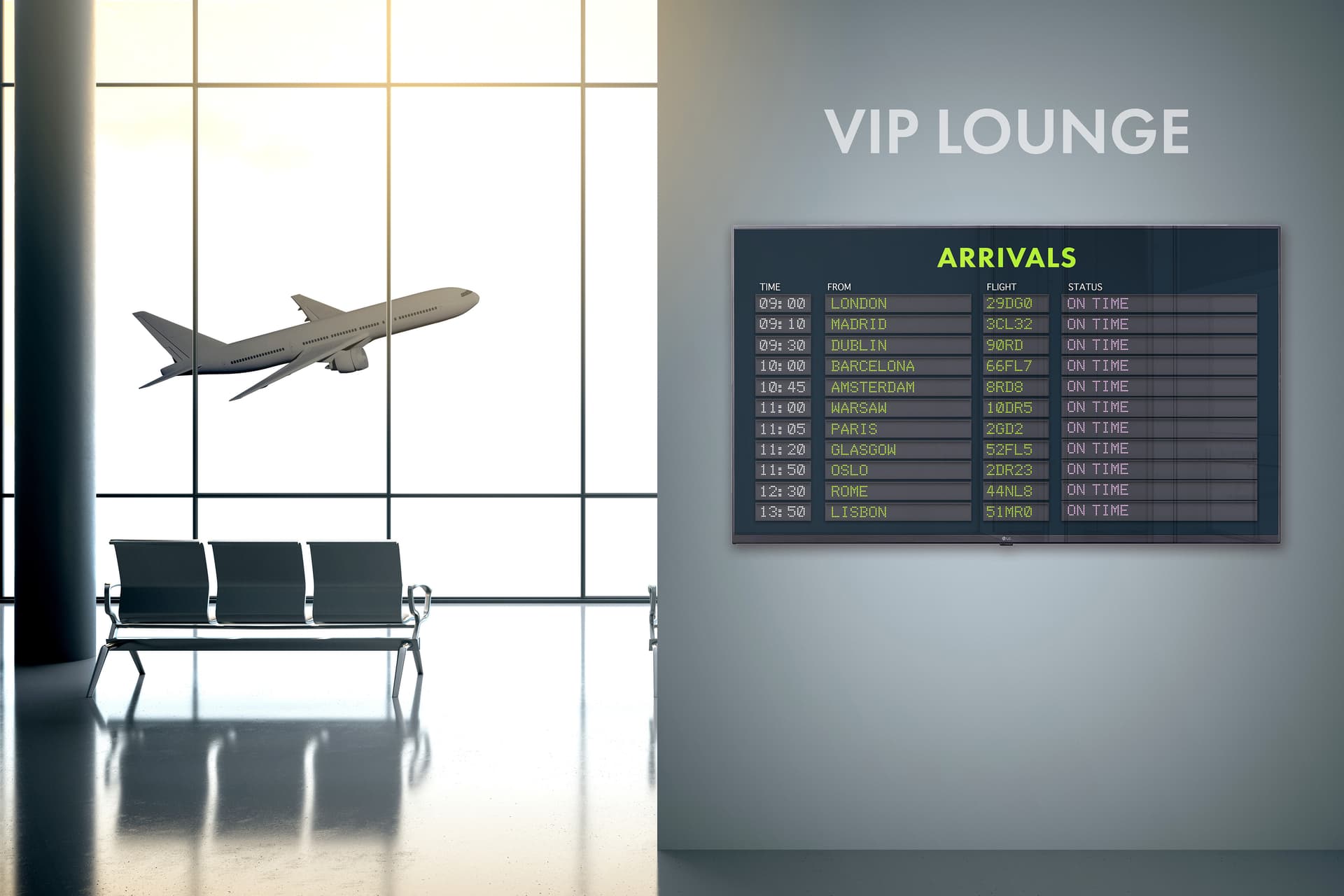 4K digital signage display TV with large enough sizes for public transportation locations like airport terminals, train and bus stations