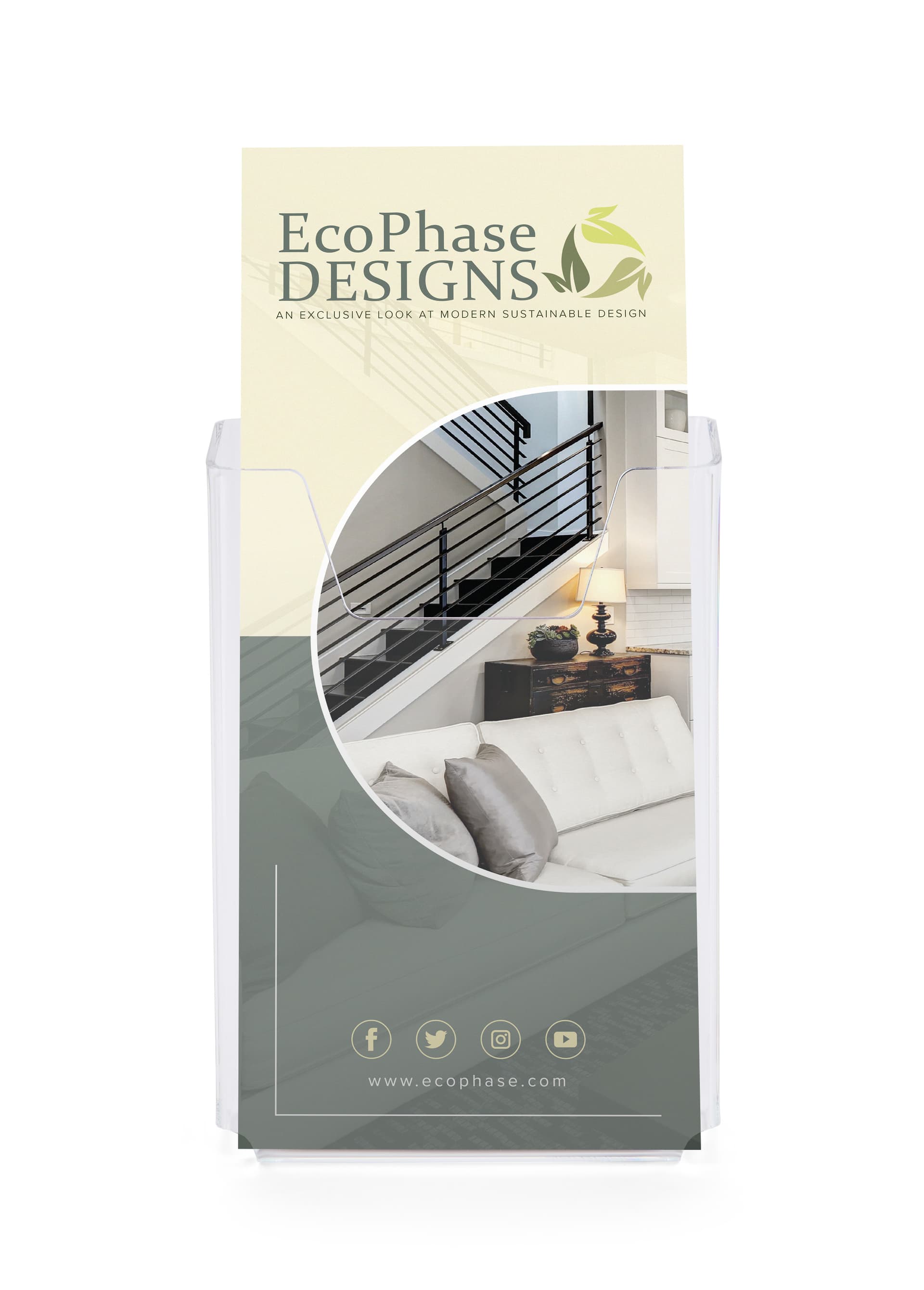 Transparent brochure holders angled for optimal visibility