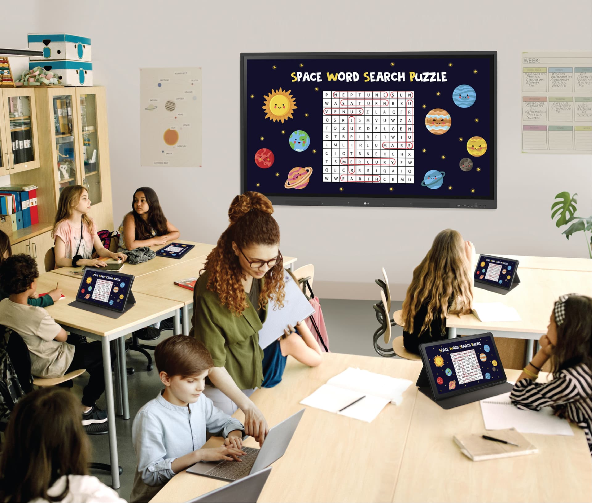 Smart interactive whiteboard presenting a word search puzzle in a classroom