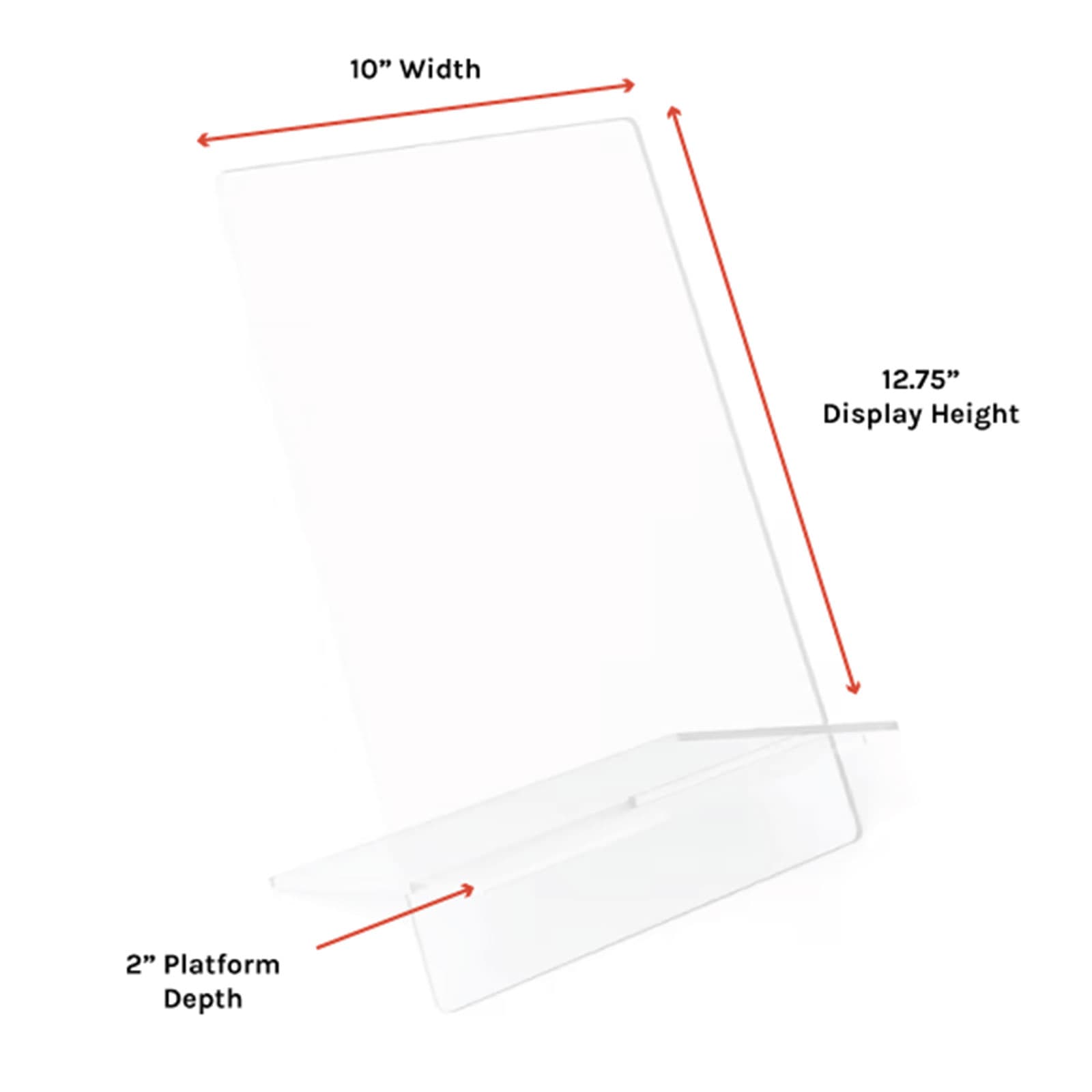 Flat pack literature holder dimensions: 10 inches wide, 12.75 inches display height, with a 2-inch platform depth