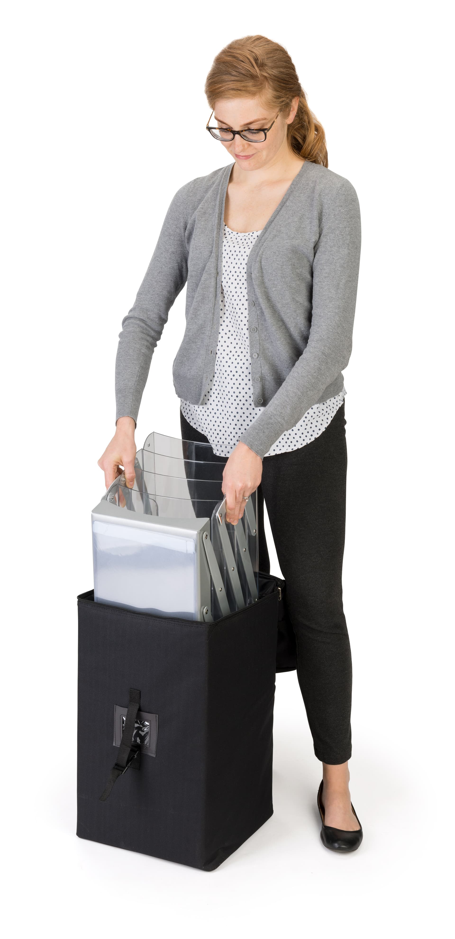 Zig zag magazine stand with backpack style carrying case