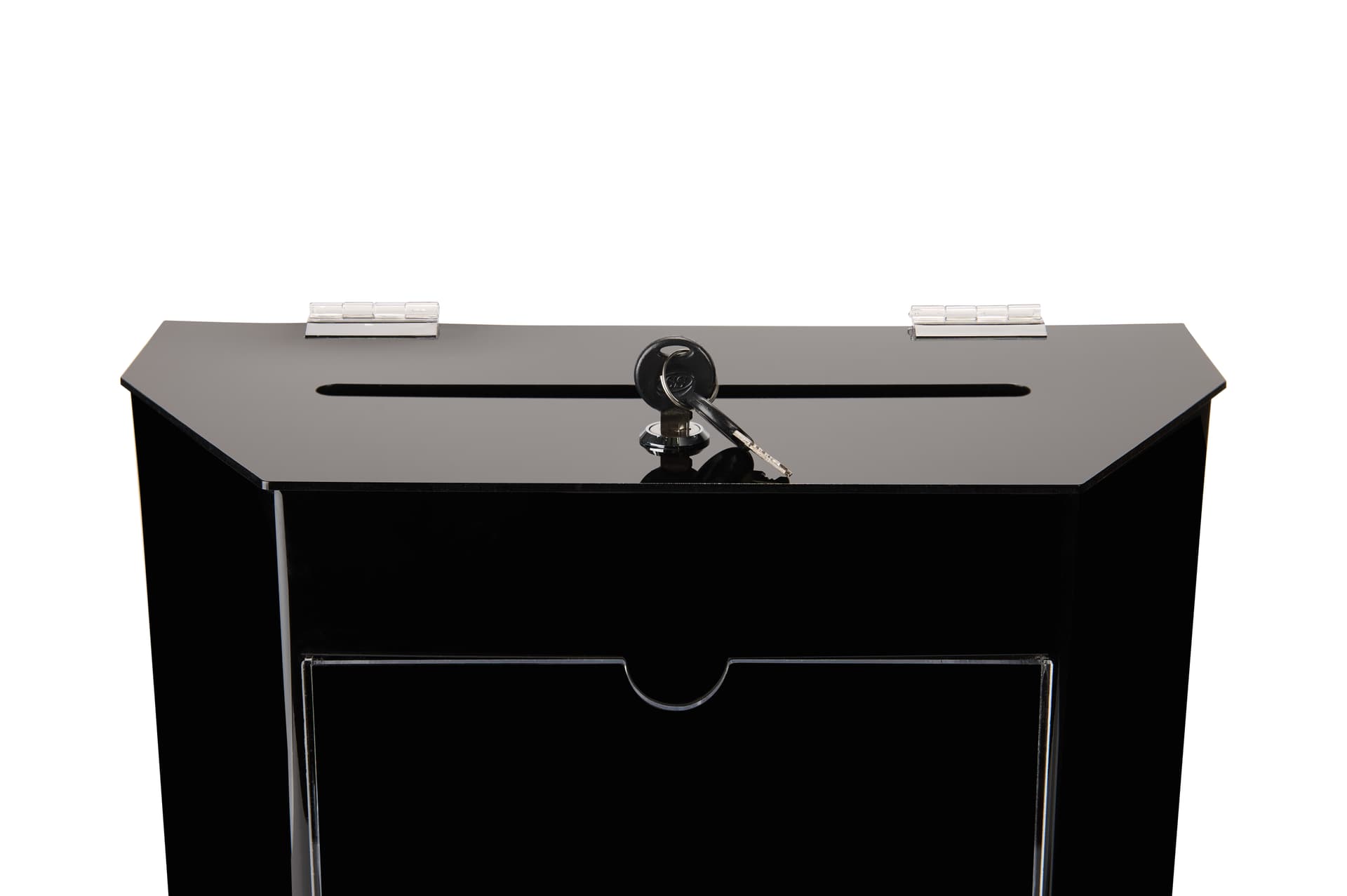 Black suggestion box with 2 pockets, lock, and keys