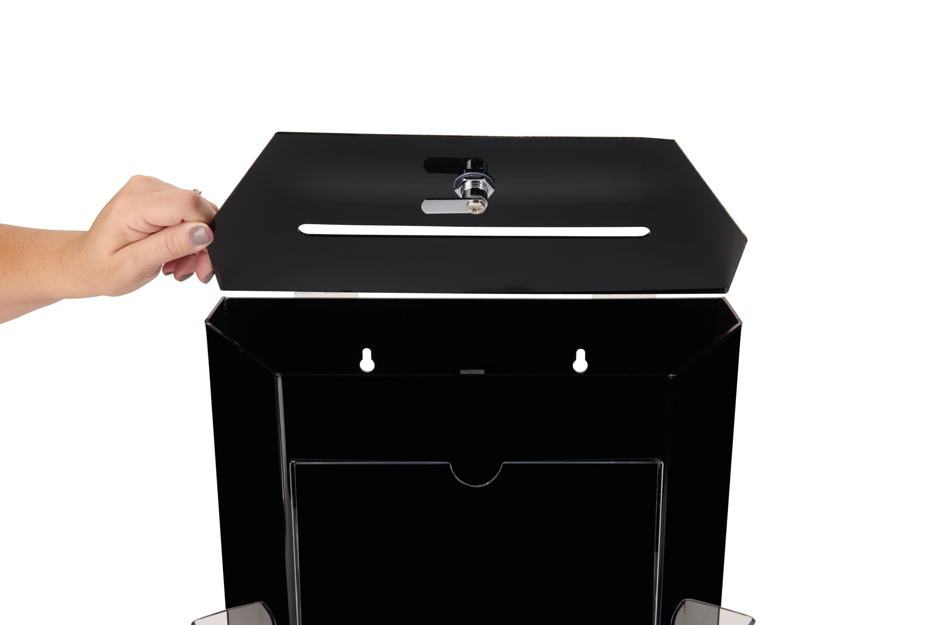 Black suggestion box with 2 pockets and pre-drilled mounting holes