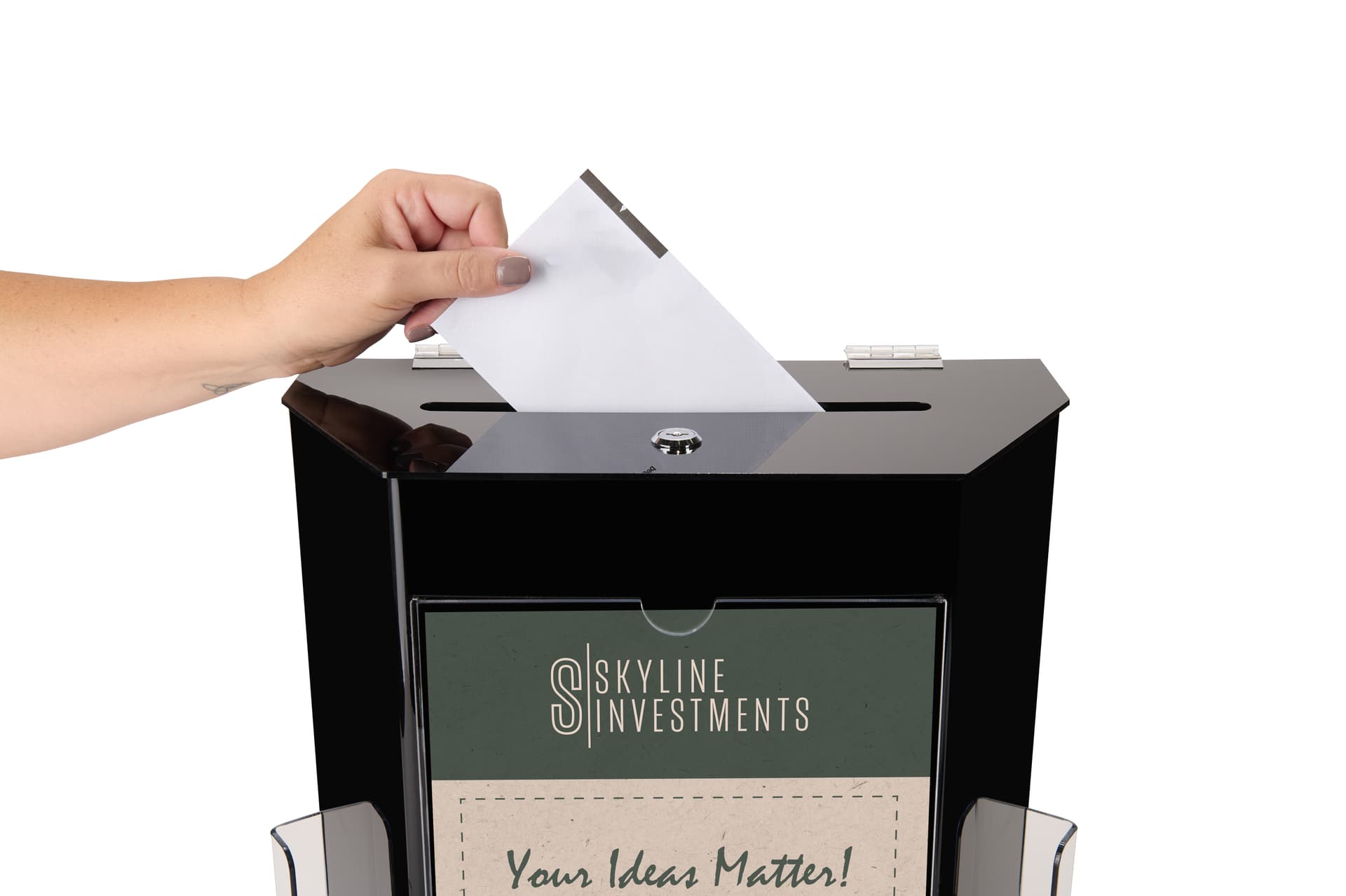Black suggestion box with 2 pockets with wide slot