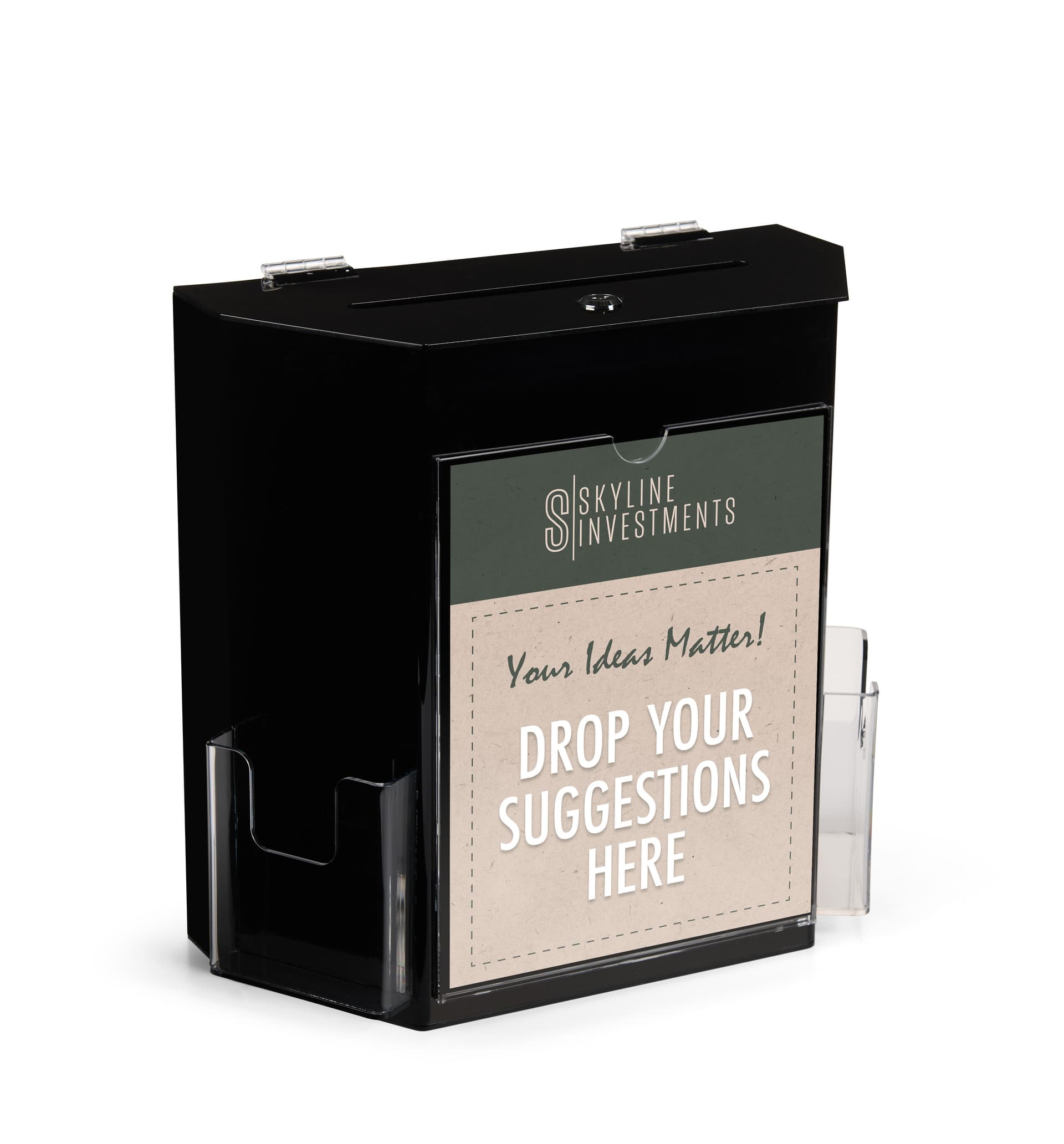 Black suggestion box with 2 pockets for mounting or tabletop