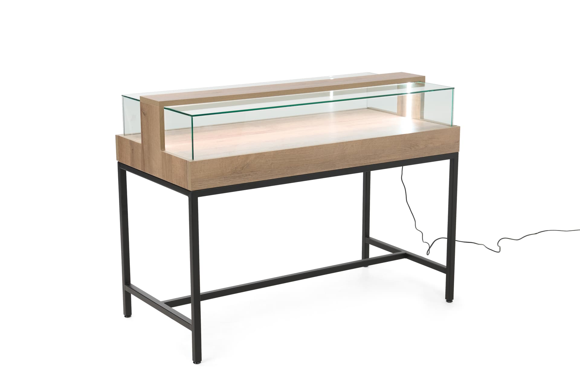 Dispensary display case with light wood finish