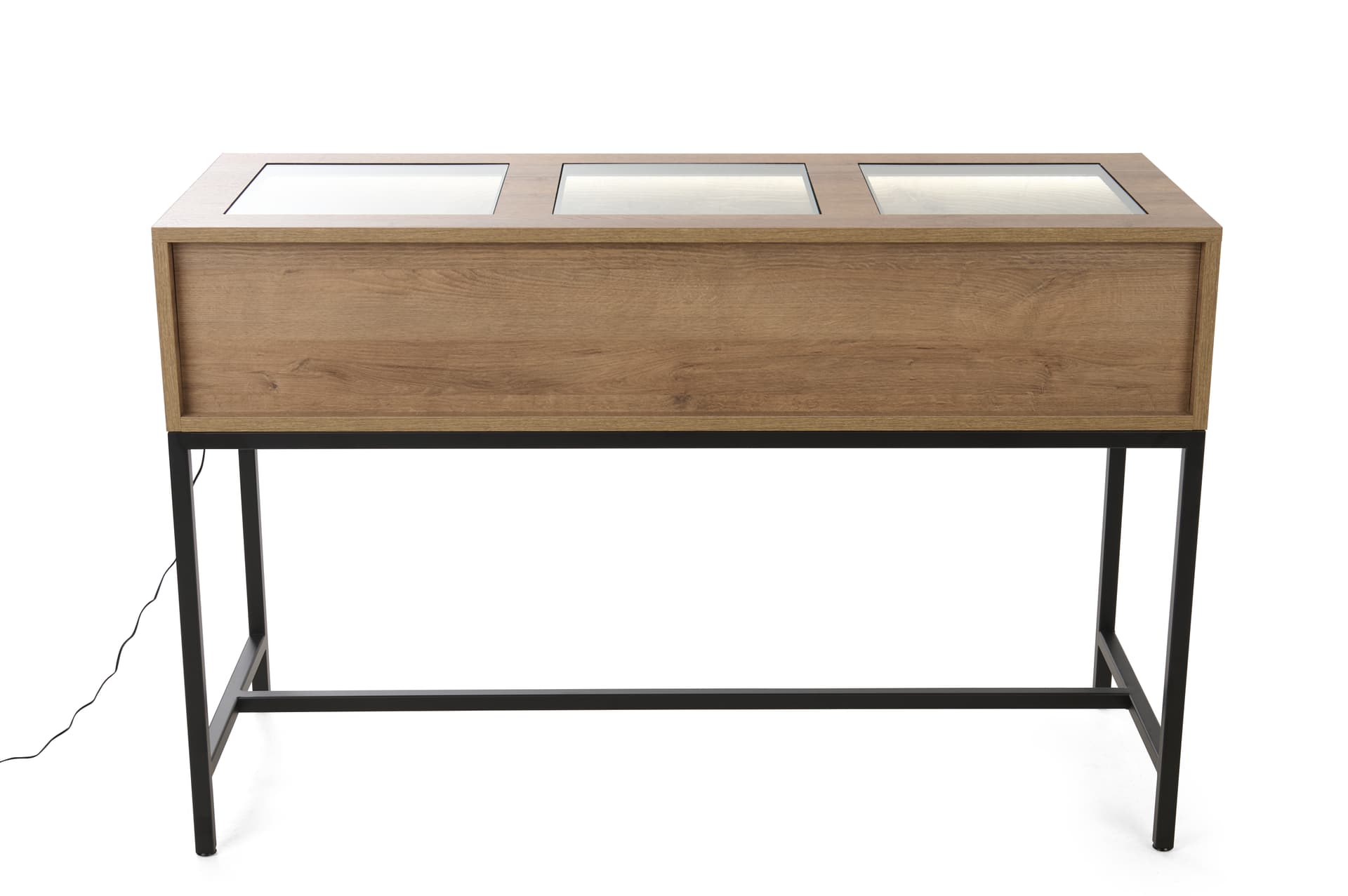 Glass top retail console table with black steel base