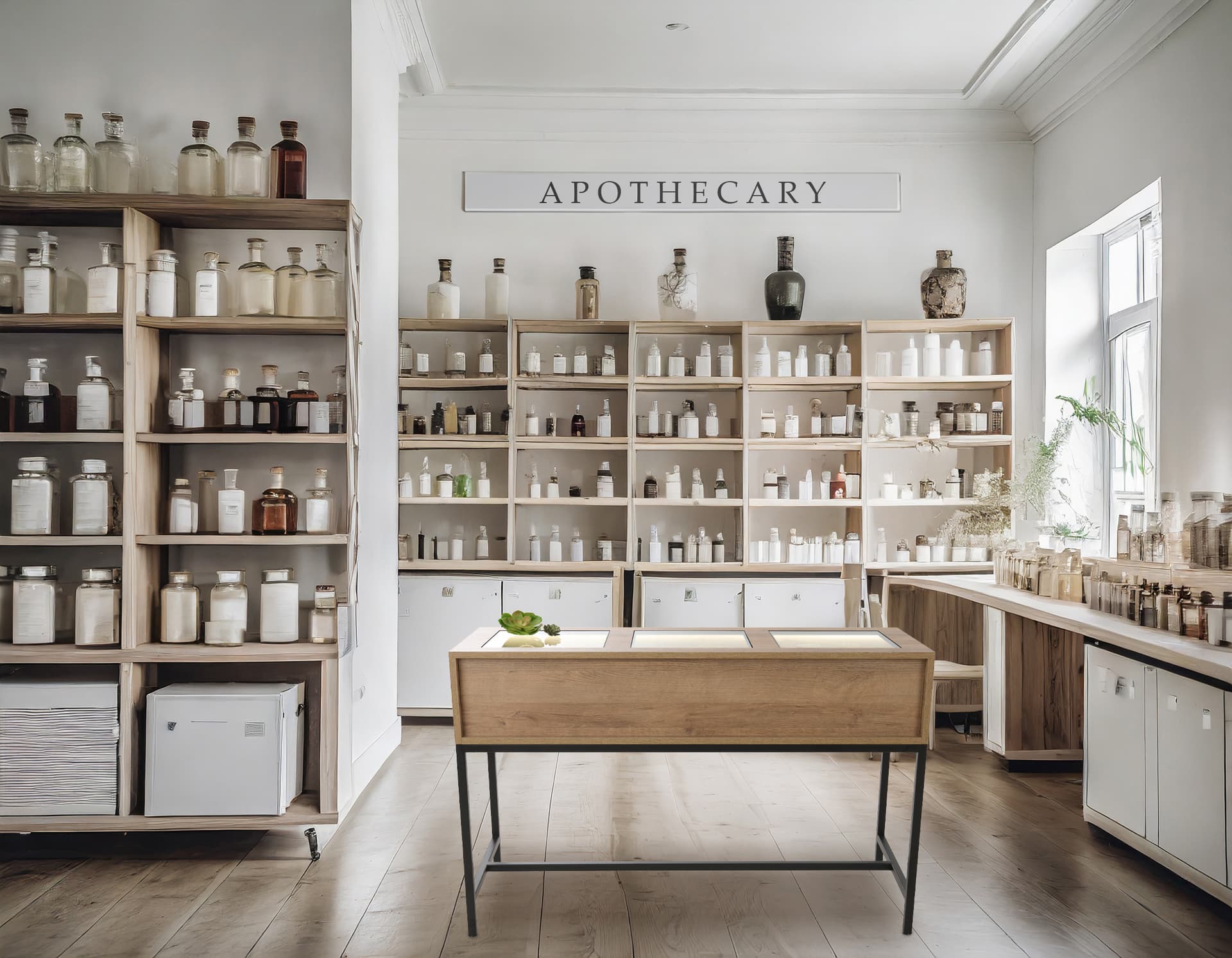 Glass top retail console table with neutral aesthetic