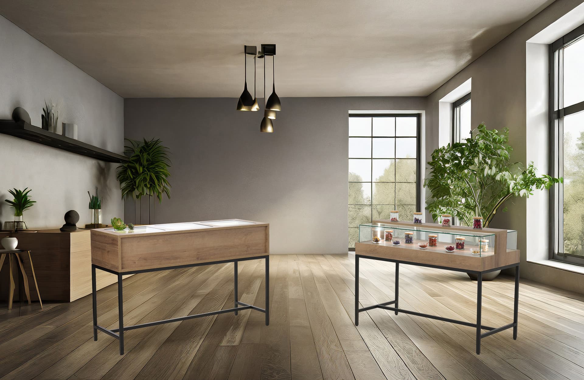 Glass top retail console table made with sustainable materials