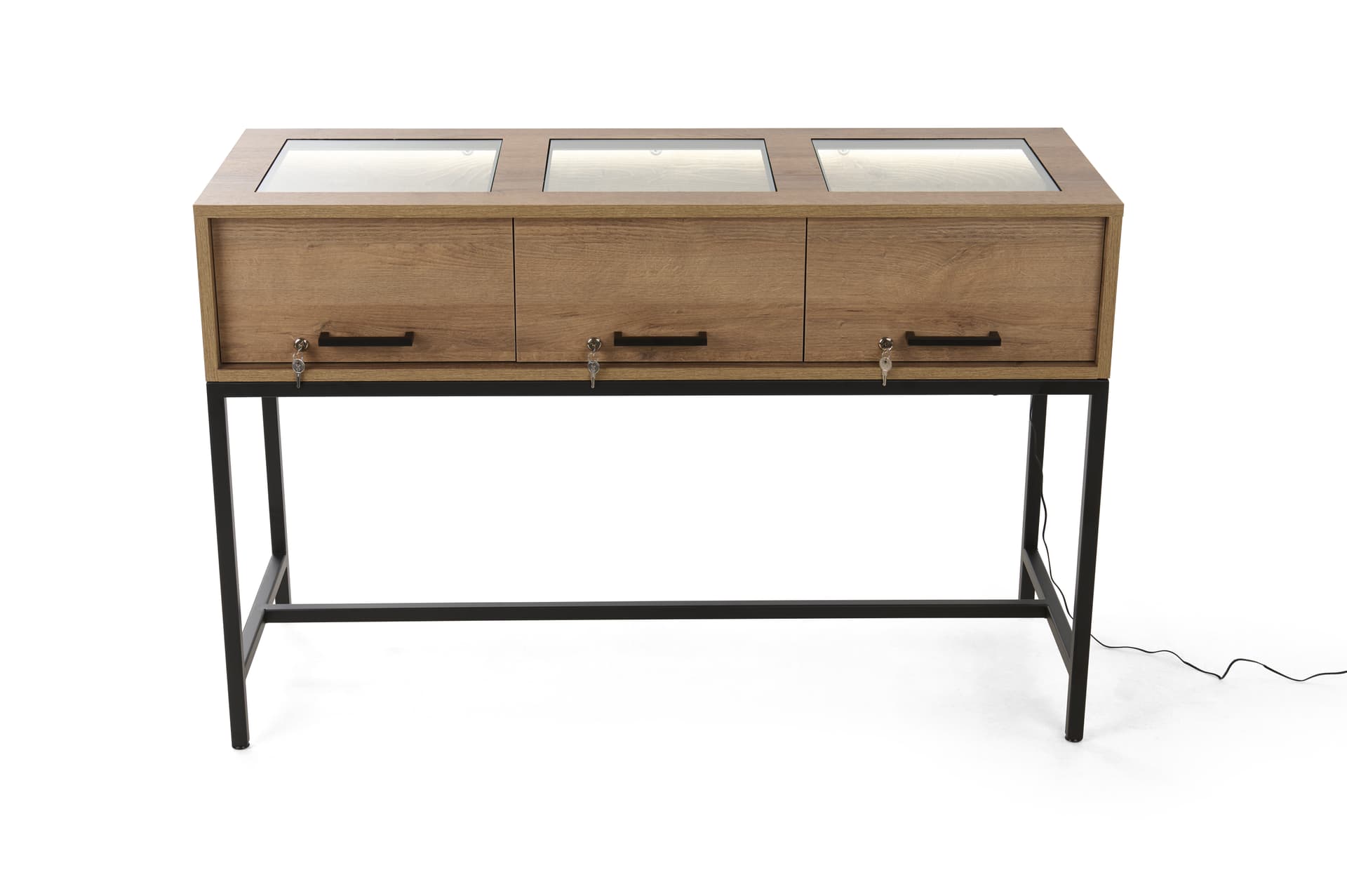 Glass top retail console table with three locks and keys