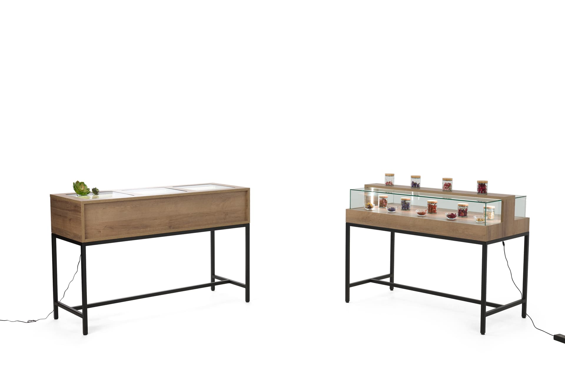 Glass top retail console table pairs beautifully with the dispensary display case