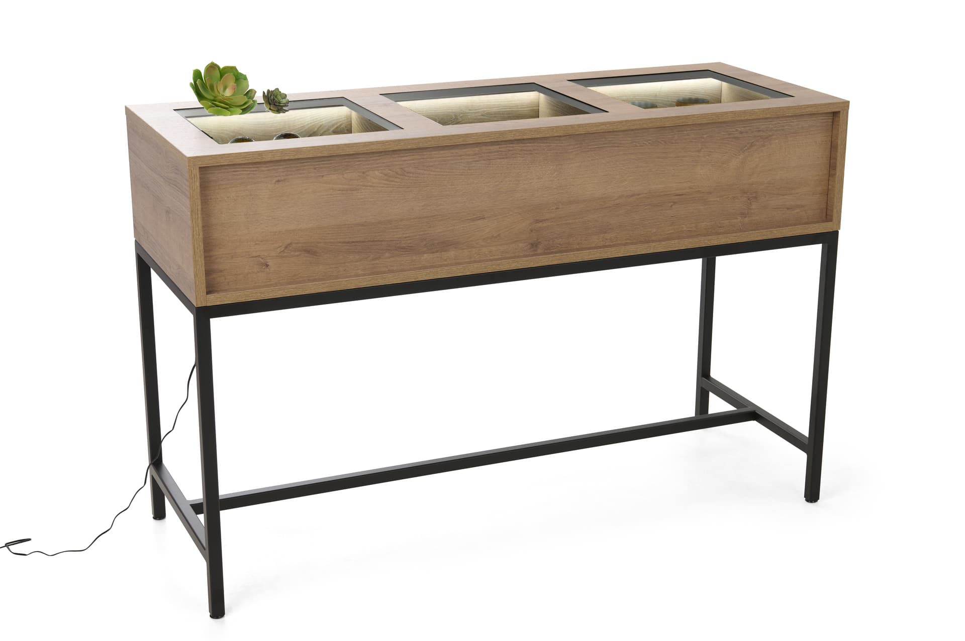 Glass top retail console table with three separate display areas