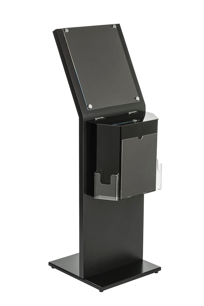 Black Sign Stand with Charity Box and Front Pockets